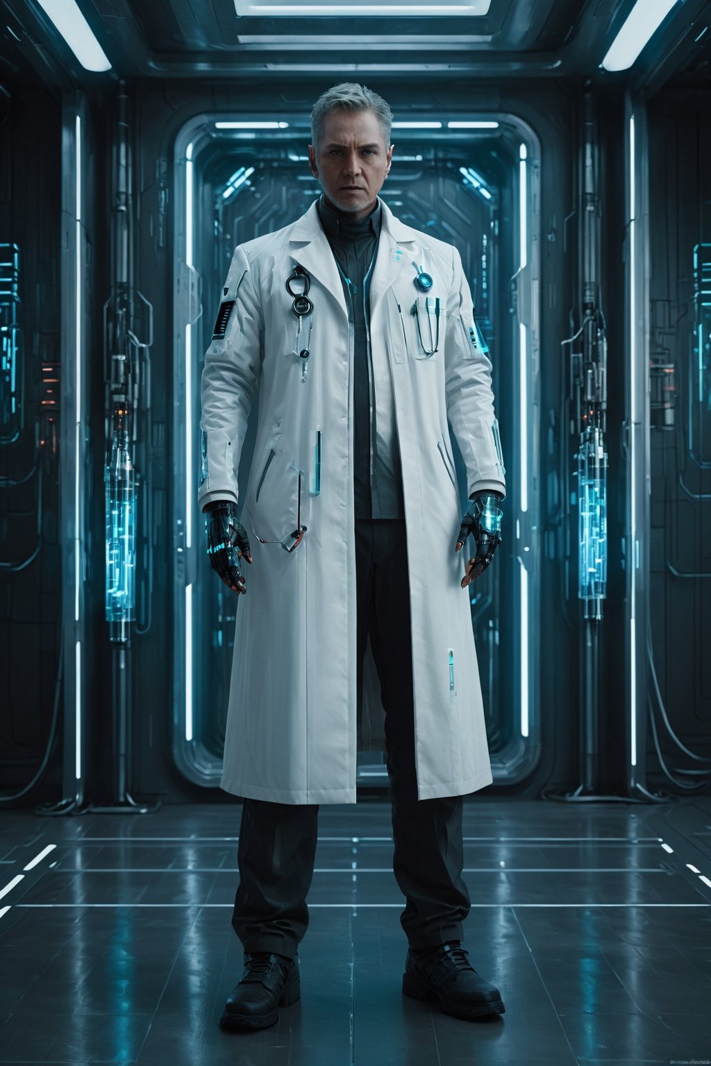 1boy, full body, imagine a doctor from 2077, wearing a crisp white coat, standing with a high-end future syringe in his hand and a stern expression on his face.
(Masterpiece, Best Quality, 8k:1.2), (Ultra-Detailed, Highres, Extremely Detailed, Absurdres, Incredibly Absurdres, Huge Filesize:1.1), (Photorealistic:1.3), By Futurevolab, Portrait, Ultra-Realistic Illustration, Digital Painting. (Time Travel Style:1.5), Cyberpunk Doctor, Mecha, Chinese Dragon,Cyberpunk Doctor