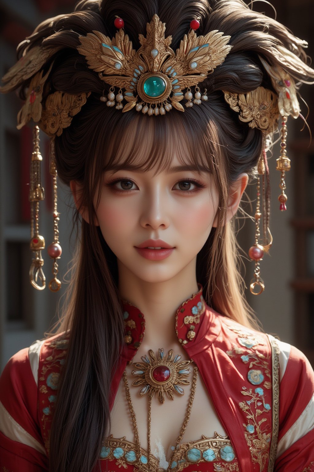 A stunning (korean woman), bangs-hairstyle ,cute-smile,wearing an opulent ancient Chinese empress costume,Her asian features, -brown eyes and fair skin, contrast beautifully with the ornate Chinese attire, Elaborate headdress adorned with gold filigree, jade beads, and hanging pearls, Intricate phoenix crown with delicate golden leaves and gemstones,Layered silk robes in rich red and gold, embroidered with dragons and auspicious symbols, Wide, flowing sleeves with detailed embroidery, Ornate collar piece studded with precious stones,Long blonde hair partially visible beneath the headdress,Beautiful woman,Photorealistic,Fantasy detailers 