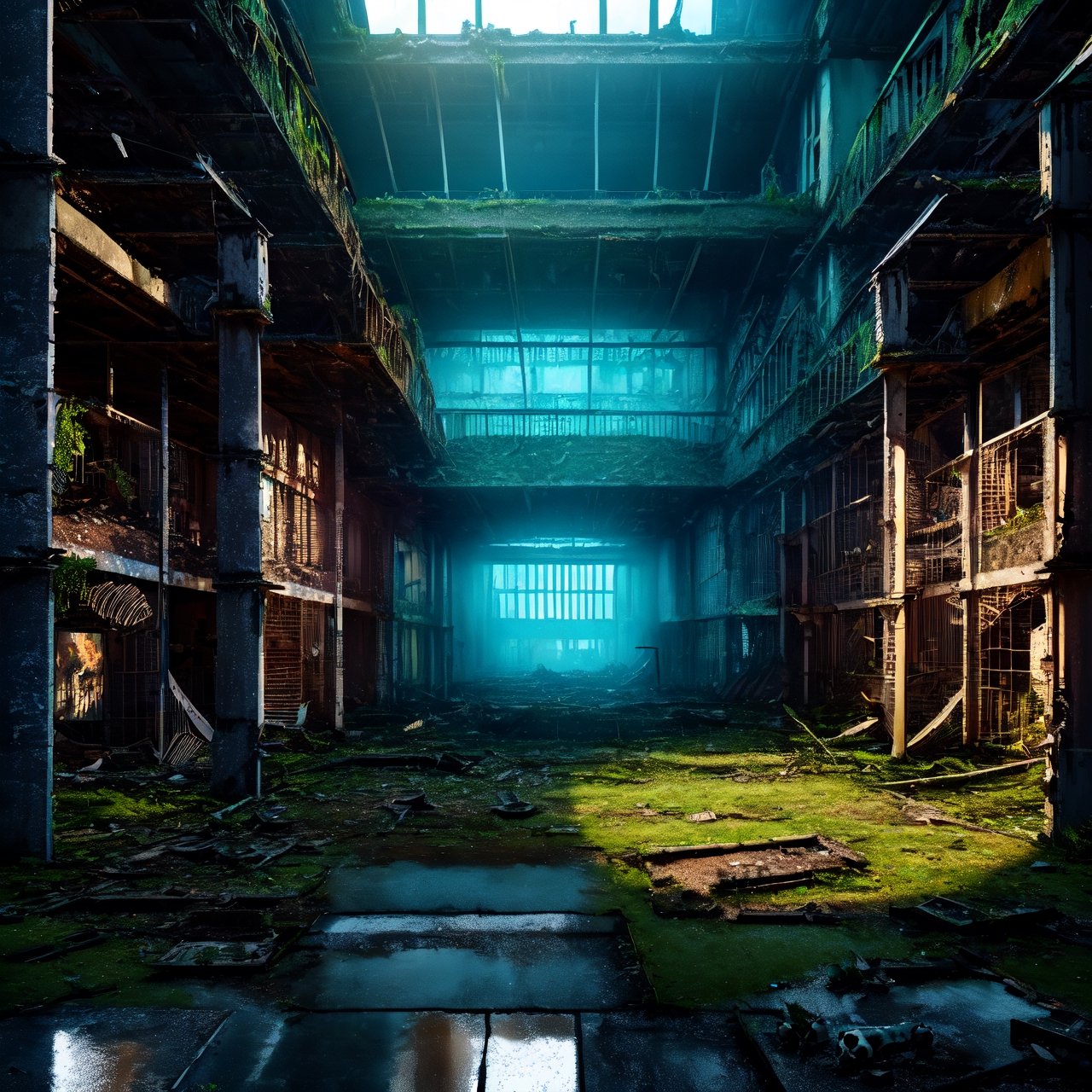 High-quality, ultra-realistic digital art, 64K HDR, eerie and haunting scene of (prison ruins:1.4) with (human skeletons:1.3), adjacent to a (dilapidated ancient hospital:1.4), crumbling walls, broken windows, overgrown vegetation, faded signs, rusted medical equipment, debris, sense of history and neglect, atmospheric lighting, photorealism.