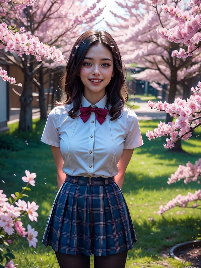 masterpiece, best quality, high res, samphire, long hair, red bowtie, white shirt, short sleeves, plaid skirt, brown skirt, pantyhose, standing, cowboy shot, leaning forward, arms behind back, outdoors, cherry blossoms, smile, open mouth, ,Blue Backlight
