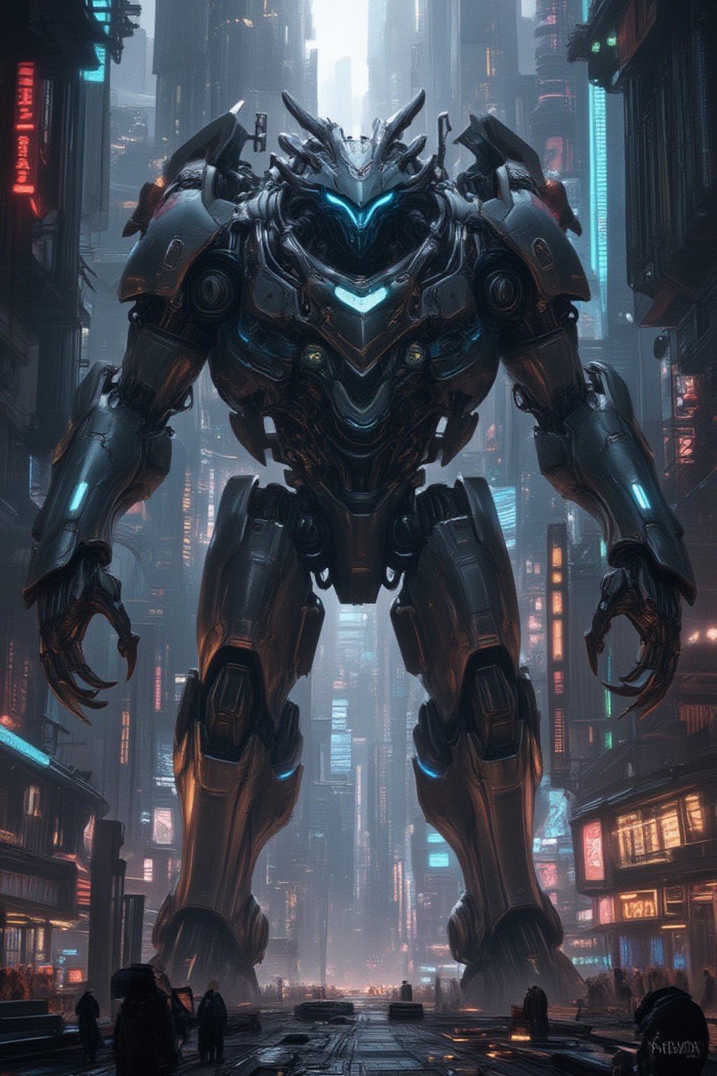 A futuristic cyberpunk warrior robot, massive in size, with a towering presence that dwarfs human figures. The cityscape behind it is a labyrinth of neon-lit skyscrapers and holographic advertisements, with humans scurrying about like ants in comparison. The robot's mechanical limbs and glowing blue optics seem to pierce through the smog-filled air as it stands victorious amidst the urban chaos.,FuturEvoLabNinja,FuturEvoLabMecha,FuturEvoLabGiant