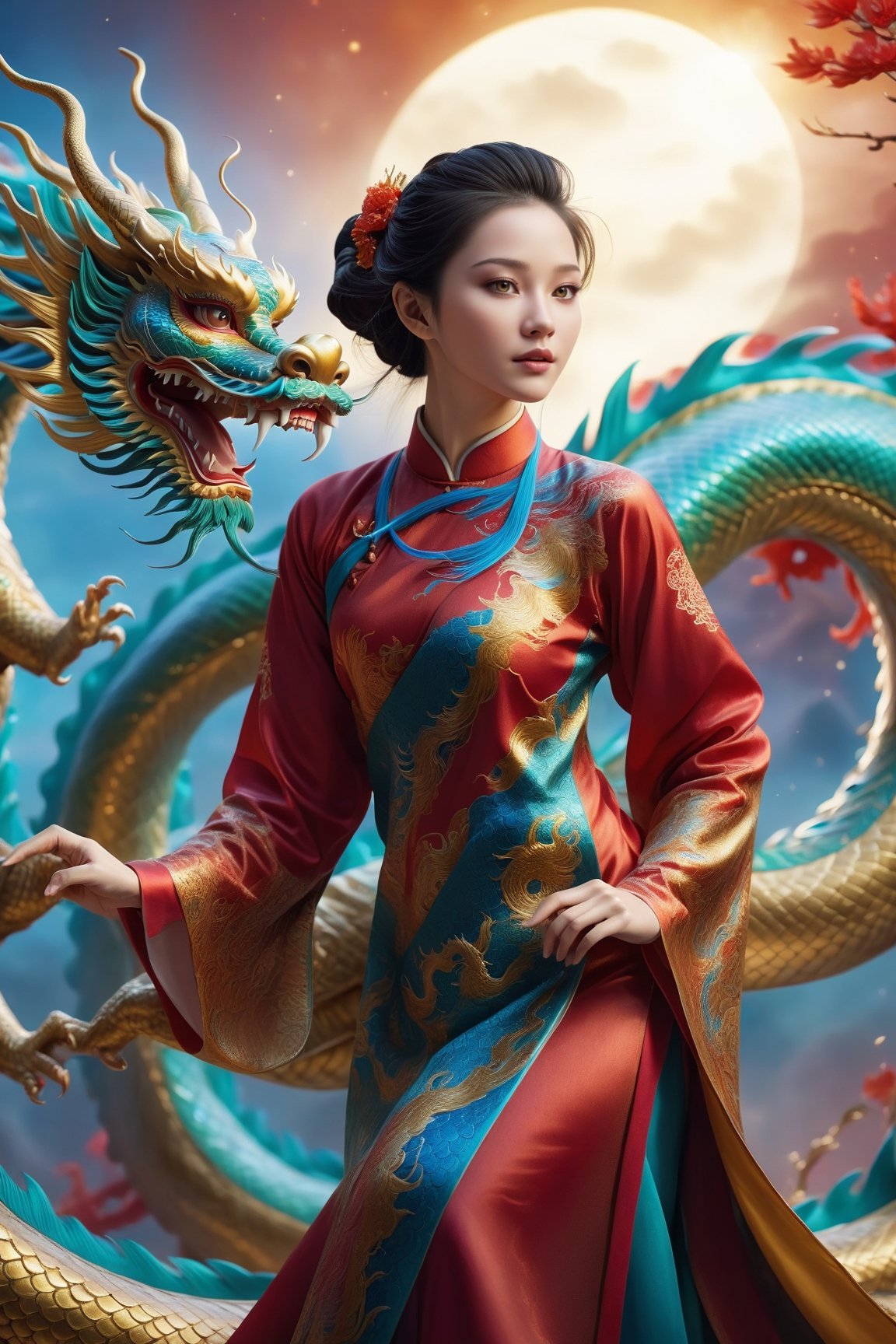 elegant young girl, traditional Chinese dragon, vibrant colors, majestic pose, flying motion, intricate dragon scales, flowing garments, silk textures, celestial background, ornate details, fantasy theme, ethereal atmosphere, dynamic composition, rich cultural elements, mythical vibe, (masterpiece: 2), best quality, ultra highres, original, extremely detailed, perfect lighting,Chinese Dragon,Katon,aotac,daxiushan