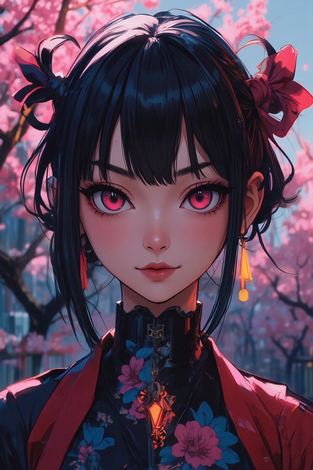 ((((futuremadness, , anime style, vivid colors, flat style, gradient, fluorecent , cyberpunk )))), 1girl, solo, looking at viewer, smile, bangs, black hair, hair ornament, red eyes, bow, jewelry, closed mouth, upper body, flower, earrings, outdoors, japanese clothes, pink eyes, kimono, blurry, tree, lips, parted bangs, eyelashes, makeup, depth of field, blurry background, floral print, cherry blossoms, tassel, hair rings, nose,FuturEvoLabScene