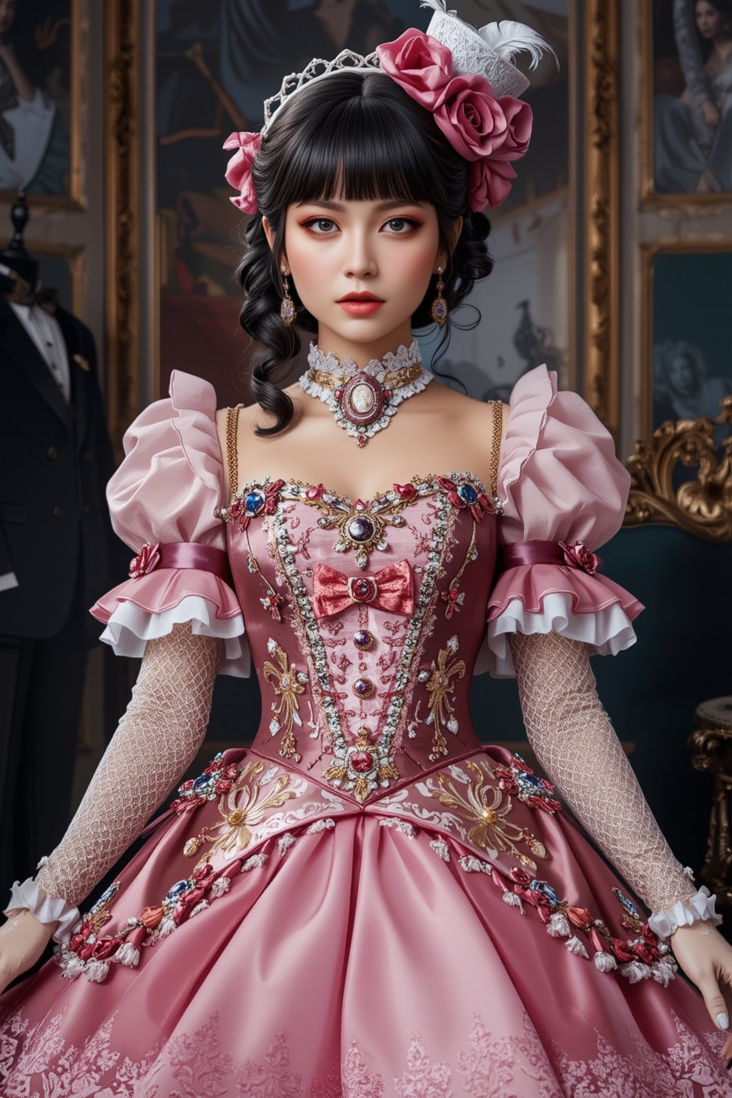 photo Realistic,1girl,A girl in baroque style Harajuku Lolita fashion, with an emo theme, her dress is richly decorated with colorful lace, pink ruffles,(Periorbital Puffiness), and embroidery.,Velvet ribbons, ornate buttons, and brooches decorate the bodice, and the voluminous skirt. features layers of tulle and lace, accessories include lace gloves, a cameo choker, and a mini top hat with feathers,FuturEvoLabElegant