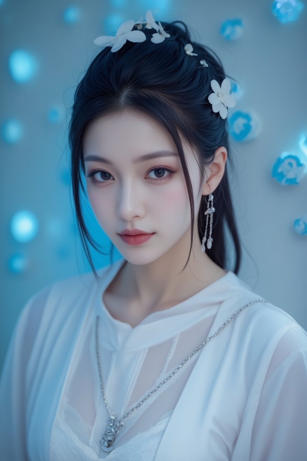 A close-up shot of a Asian woman in a white chinese clothes with a silver necklace and earrings. She is holding a white fan. The woman's hair is adorned with white flowers adding a touch of beauty to the scene. creating a soft focus on the woman's face. neon lighting. (cover the background wall with light blue flowers:1.3), (looking at viewer, upper body),Spider spirit Fourth sister