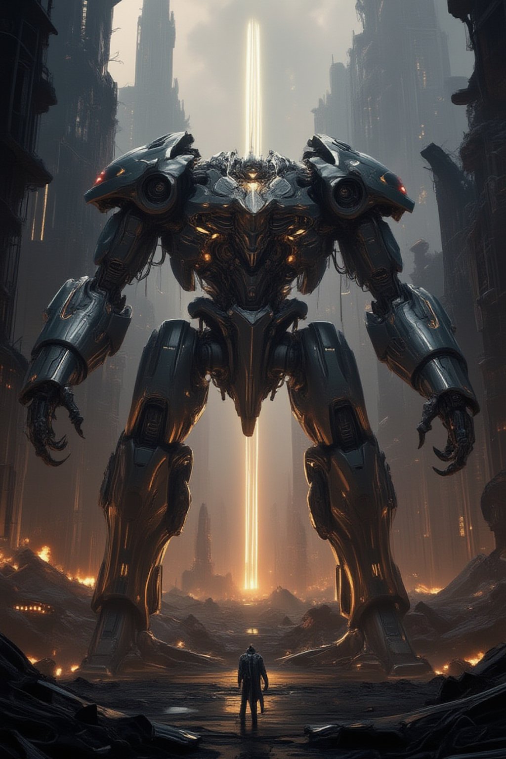 A futuristic mecha giant stands proudly in a desolate cityscape at sunset, its metallic body glowing with an otherworldly aura. The massive robot's arms stretch wide, holding aloft a gleaming sword, as it gazes out upon the ruins of civilization. Smoke and flames dance in the background, while neon lights flicker to life on the mecha's chest, casting an eerie glow over the devastation.,FuturEvoLabArmor,FuturEvoLabMecha,FuturEvoLabGiant