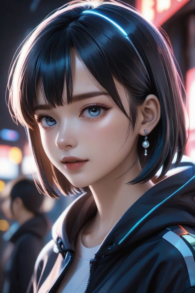 (masterpiece, best quality:1.3), FuturEvoLabAnime, 1girl, solo, looking at viewer, short hair, bangs, blue eyes, black hair, jewelry, jacket, upper body, earrings, outdoors, parted lips, hood, blurry, from side, black jacket, looking to the side, hoodie, night, depth of field, blurry background, bob cut, hood down, neon lights, 