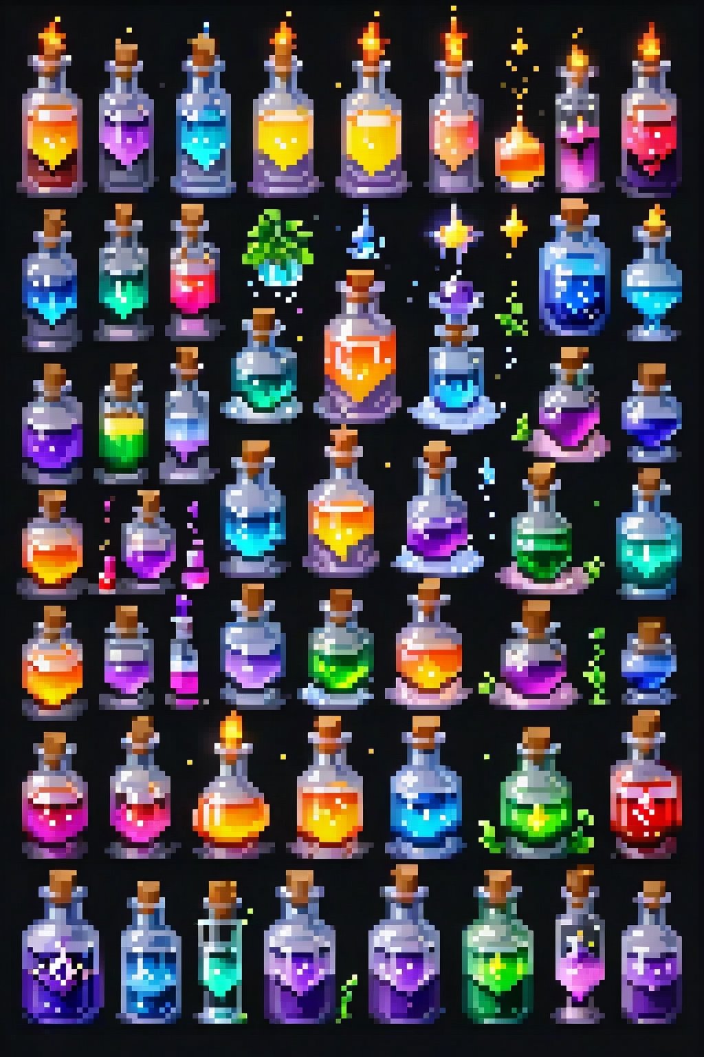 Array of magical world style potion bottles in pixel art, Each item is an independent pixelated entity with high-tech magic stoppers, Arranged in 2D pixel game prop style, No overlapping, Solid gray-black background for easy clipping, High quality, Detailed, Pixelated, Each potion bottle features a unique pixel design with Western fantasy aesthetics