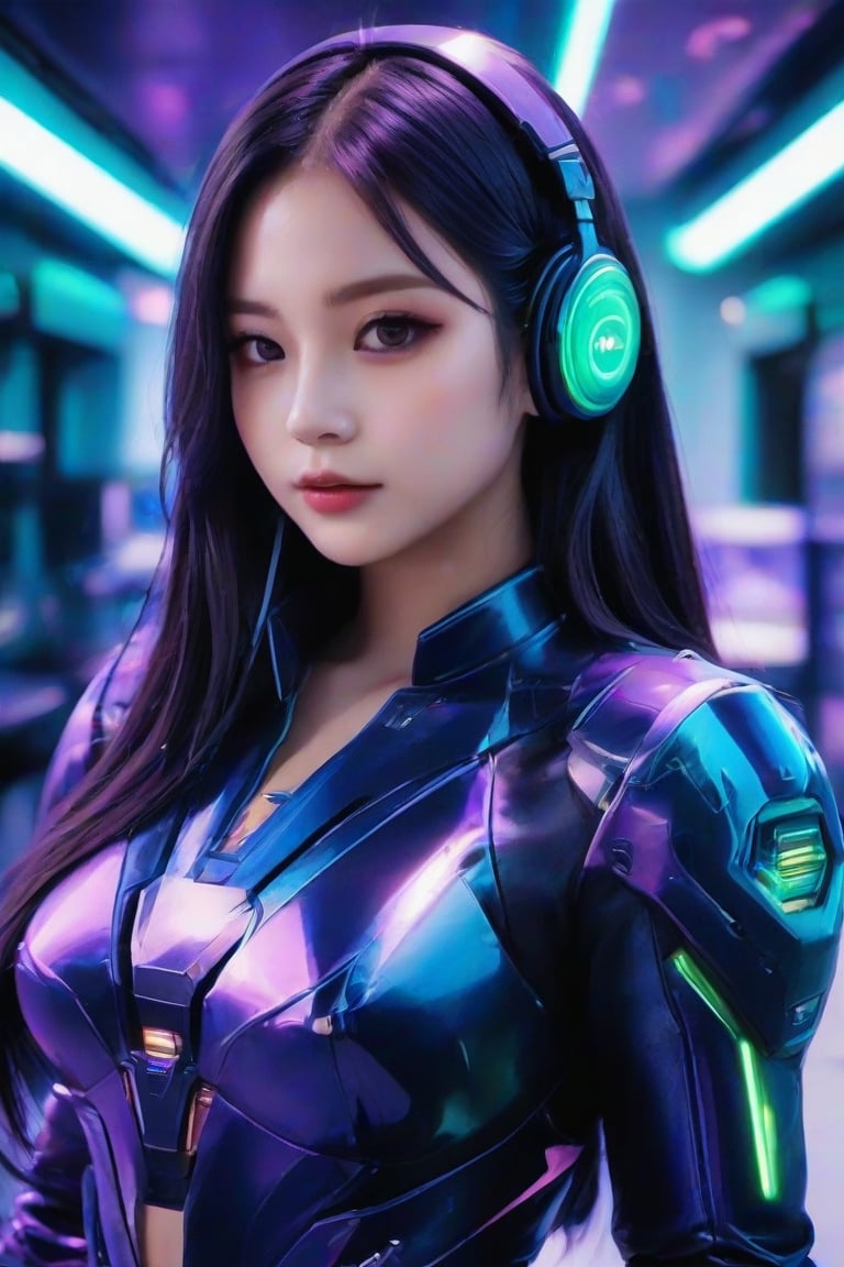 masterpiece, best quality, photorealistic, 1girl, solo, long straight hair, jet-black hair with neon green highlights, looking at viewer, upper body, Cybernetic Lab Background with deep depth of field, neon green and purple lighting, soft shadows, determined expression, detailed skin, smooth features, cyber setup, classic portrait style, high clarity, simple background, cinematic lighting, wearing a holographic combat suit with sleek armor plating and advanced tactical headphones, futuristic and powerful, FuturEvoLabMecha, FuturEvoLabAnime,FuturEvoLabCyberpunk