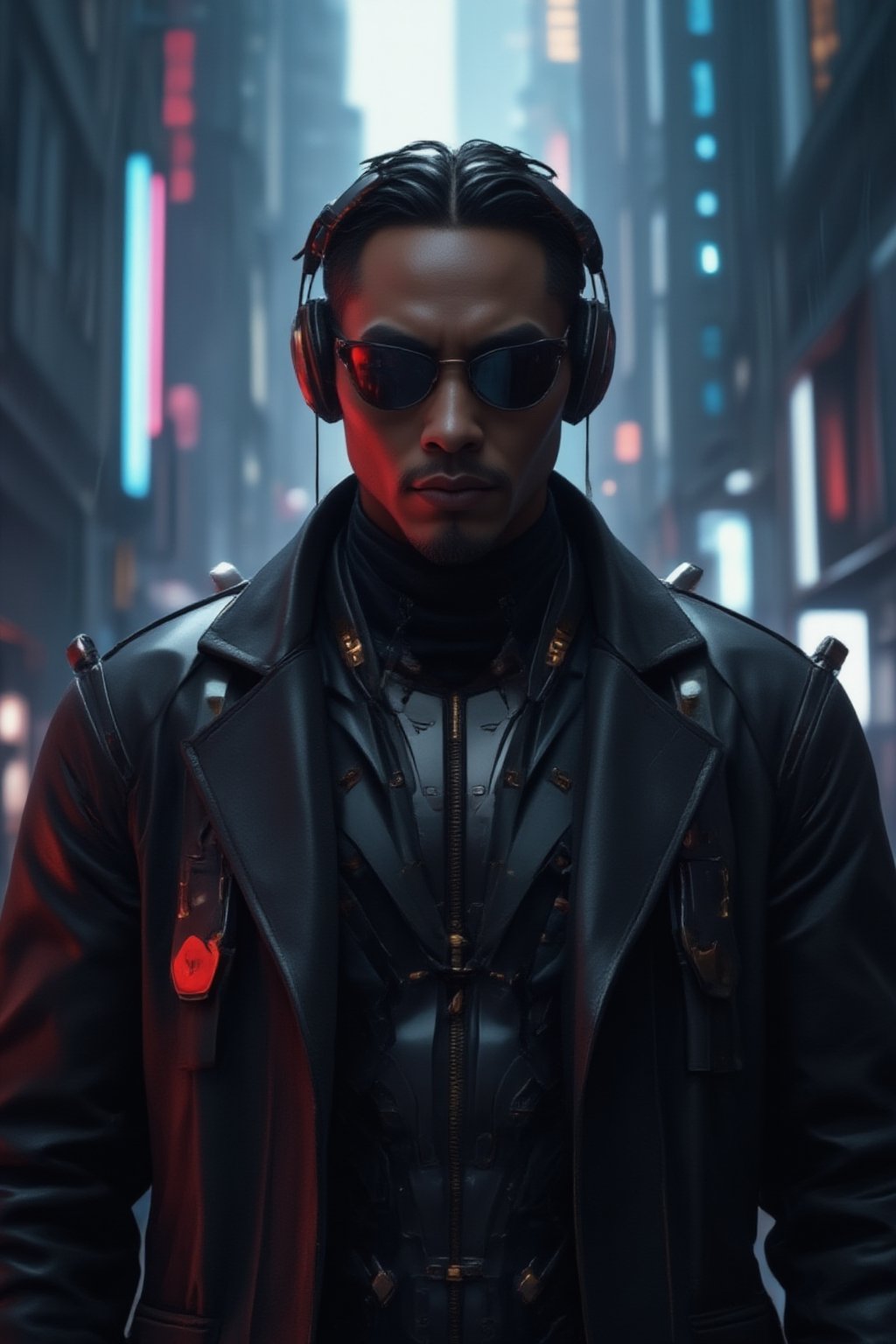 A close-up shot of a man wearing sleek black sunglasses and a long, flowing black leather trench coat, reminiscent of characters from *The Matrix*. His expression is stoic, exuding a sense of mystery and power. The futuristic coat is detailed with subtle metallic accents and cybernetic enhancements visible on his neck and collar. He is also wearing sleek, high-tech headphones that blend seamlessly into the cyberpunk aesthetic, with glowing accents that match the metallic elements of his outfit. The background features a dark, dystopian city with neon lights reflecting off his sunglasses, digital rain falling, and towering skyscrapers in the distance, evoking a cyberpunk atmosphere. The scene is intense and filled with a futuristic, high-tech vibe, focusing on the man's upper body and head, capturing his presence and confidence, FuturEvoLabScene, FuturEvoLabNinja