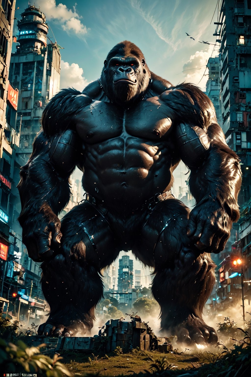 (Masterpiece:1.5), (Best quality:1.5), Cyberpunk style, full body, A towering King Kong, amidst a ruined city, bellows in fury. The massive creature, its fur a shimmering silver, muscles rippling beneath its majestic form, stands as a symbol of primal power and untamed beauty. This remarkable image is a digitally enhanced photograph, capturing every intricate detail with stunning clarity and depth. The backdrop of crumbling buildings and twisted metal only serves to enhance the gorilla's imposing presence, making it a truly unforgettable sight. With each pixel meticulously crafted, this image exudes a sense of awe and wonder, leaving viewers breathless in the face of such magnificence, King Kong,Magic Forest