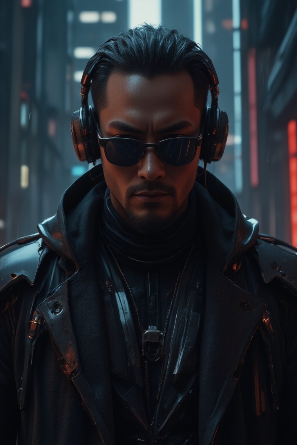 A close-up shot of a man wearing sleek black sunglasses and a long, flowing black leather trench coat, reminiscent of characters from *The Matrix*. His expression is stoic, exuding a sense of mystery and power. The futuristic coat is detailed with subtle metallic accents and cybernetic enhancements visible on his neck and collar. He is also wearing sleek, high-tech headphones that blend seamlessly into the cyberpunk aesthetic, with glowing accents that match the metallic elements of his outfit. The background features a dark, dystopian city with neon lights reflecting off his sunglasses, digital rain falling, and towering skyscrapers in the distance, evoking a cyberpunk atmosphere. The scene is intense and filled with a futuristic, high-tech vibe, focusing on the man's upper body and head, capturing his presence and confidence, FuturEvoLabScene, FuturEvoLabNinja