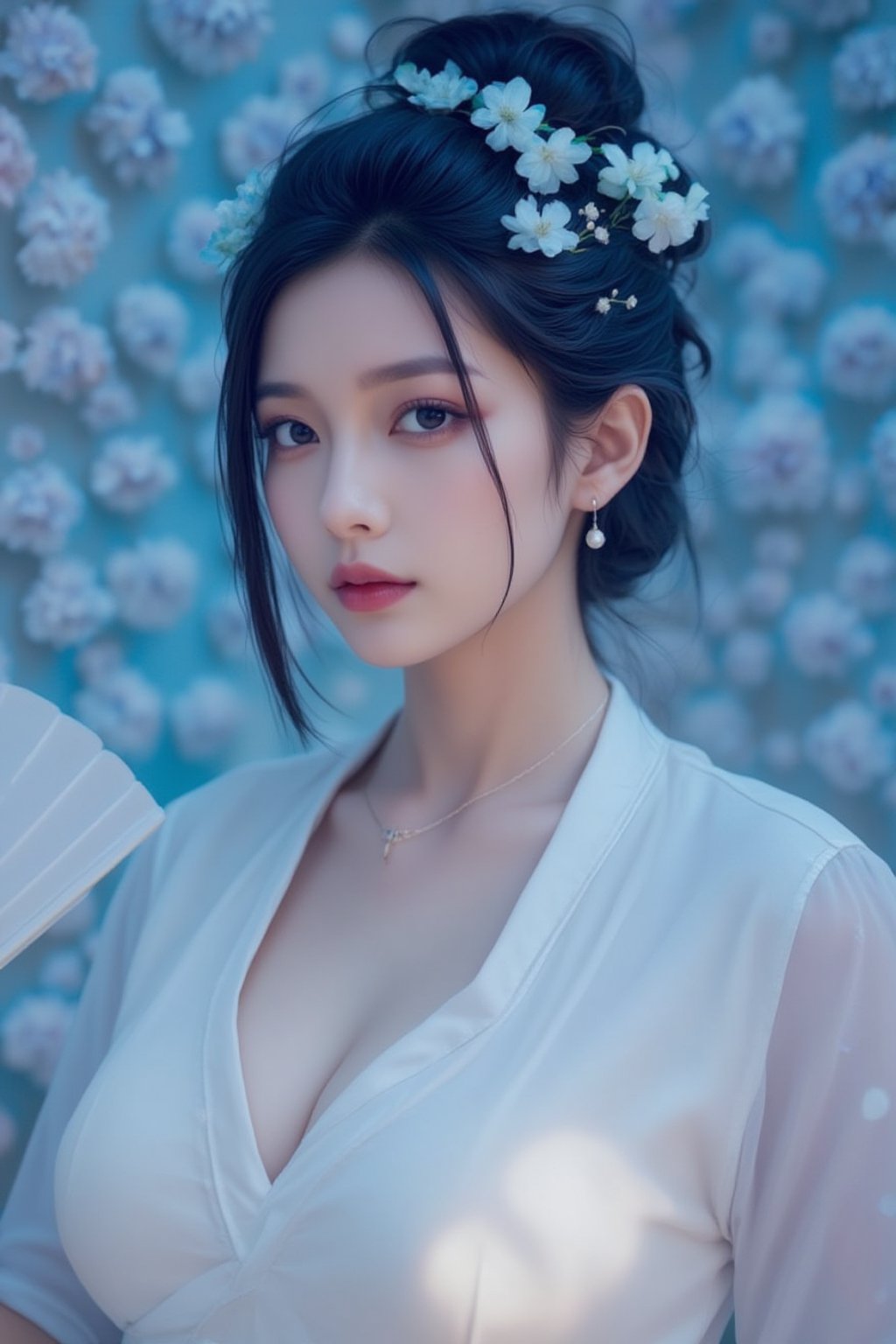 A close-up shot of a Asian woman in a white chinese clothes with a silver necklace and earrings. She is holding a white fan. The woman's hair is adorned with white flowers adding a touch of beauty to the scene. creating a soft focus on the woman's face. neon lighting. (cover the background wall with light blue flowers:1.3), (looking at viewer, upper body),Spider spirit Fourth sister