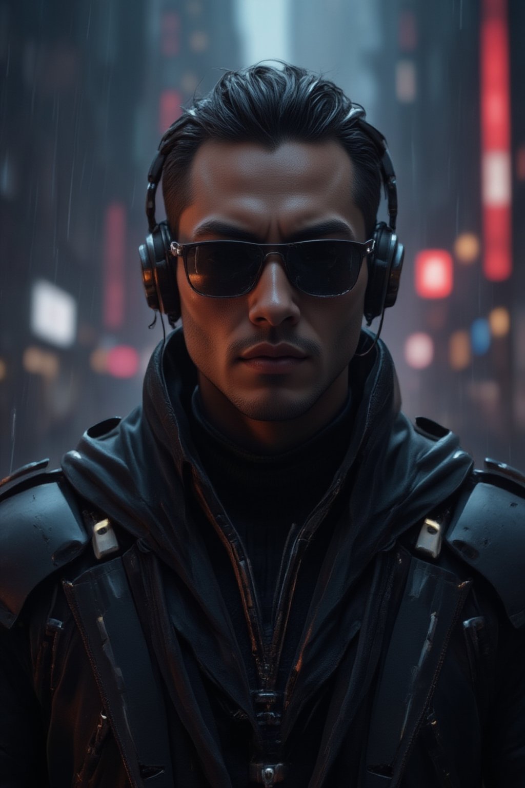 A close-up shot of a man wearing sleek black sunglasses and a long, flowing black leather trench coat, reminiscent of characters from *The Matrix*. His expression is stoic, exuding a sense of mystery and power. The futuristic coat is detailed with subtle metallic accents and cybernetic enhancements visible on his neck and collar. He is also wearing sleek, high-tech headphones that blend seamlessly into the cyberpunk aesthetic, with glowing accents that match the metallic elements of his outfit. The background features a dark, dystopian city with neon lights reflecting off his sunglasses, digital rain falling, and towering skyscrapers in the distance, evoking a cyberpunk atmosphere. The scene is intense and filled with a futuristic, high-tech vibe, focusing on the man's upper body and head, capturing his presence and confidence, FuturEvoLabScene, FuturEvoLabNinja