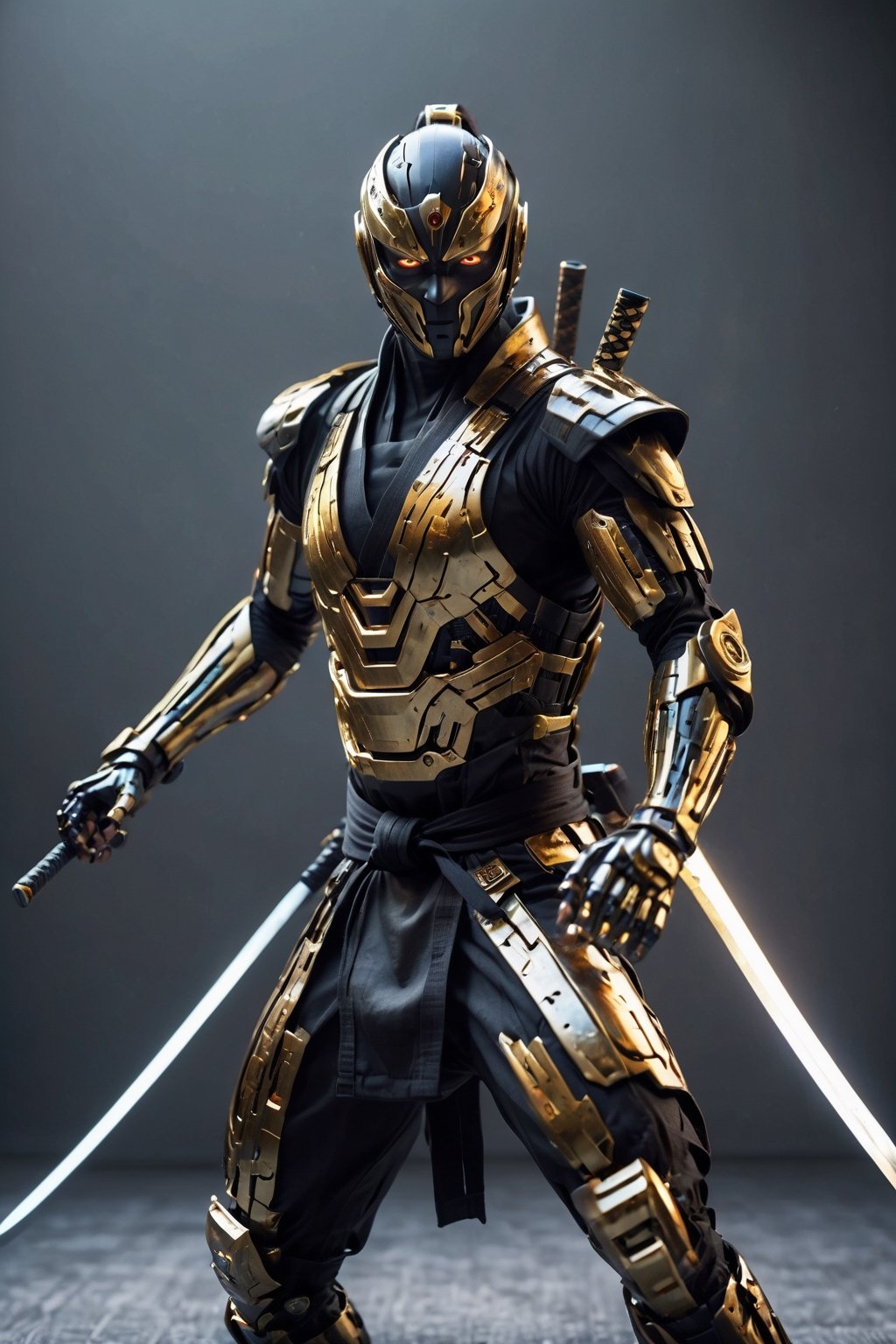 Robot ninja, military grade cyborg suit, jet-black streamlined body, extremely elaborate, precise flat, glowing katana, swiftly wielded sword slicing through enemies at lightning speed, sharp blade glinting in the sunlight at the moment, ,kabuki,glowing sword,cyborg,Ninja,ink,action shot,Gold