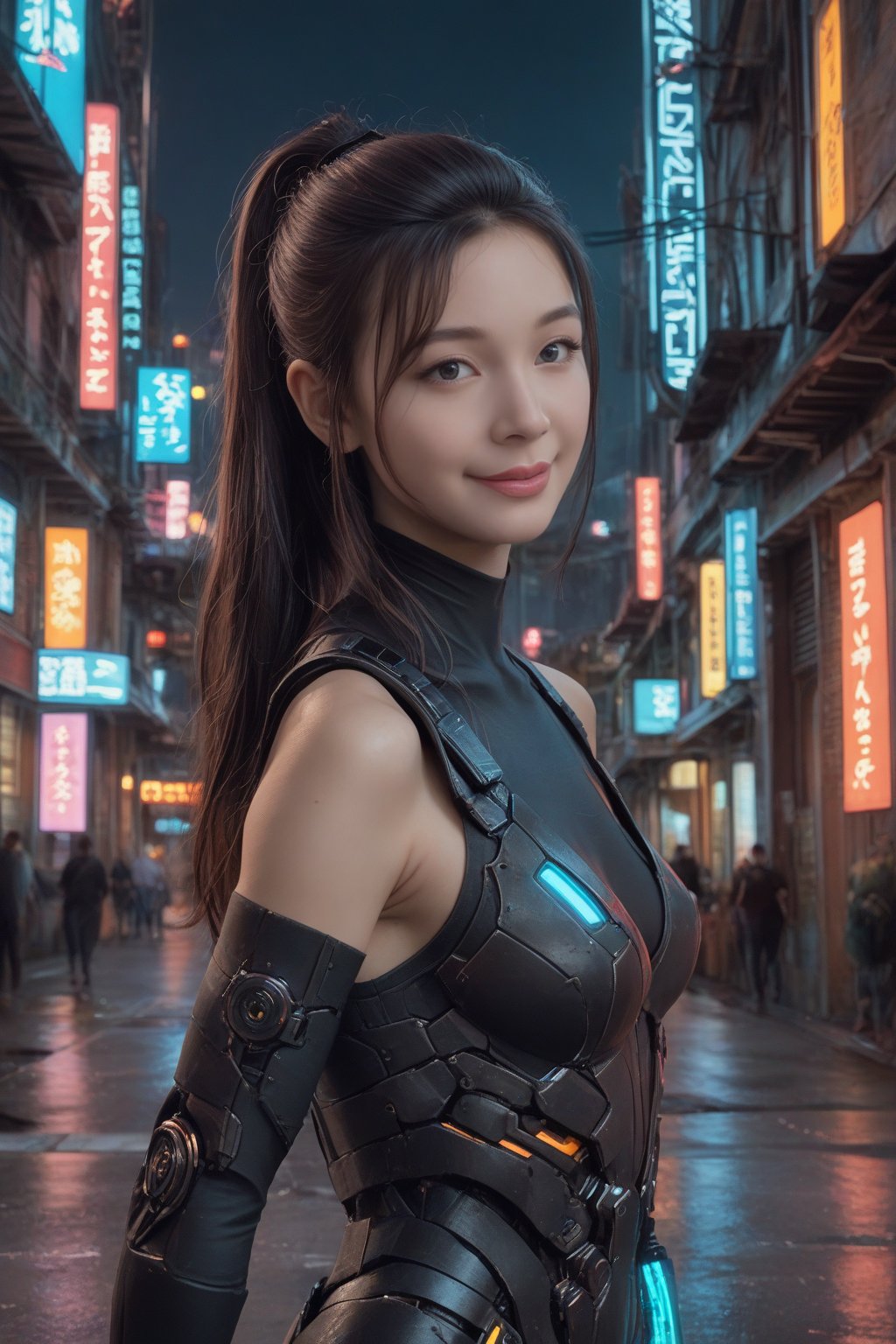 Score_9, Score_8_up, Score_7_up, Score_6_up, Score_5_up, Score_4_up, masterpiece, best quality, ultra-detailed, photorealistic, 
BREAK
FuturEvoLabGirl, FuturEvoLab-Cyberpunk, 
BREAK
1girl, beautiful Asian girl, cyberpunk girl, futuristic, neon lights, (cool:1.2), (techwear:1.4), (cyborg:1.5), (detailed:1.3), (cityscape:1.1), (high-tech:1.3), urban, (dark:0.8), (glowing:1.2), (mysterious:1.2), (vibrant colors:1.4), (high contrast:1.1), street, (dynamic:1.2), (electronic:1.3), edgy, (cybernetic:1.5), (gothic:0.7), Blade Runner, 
photorealism, digital art, cinematic, Gregory Crewdson