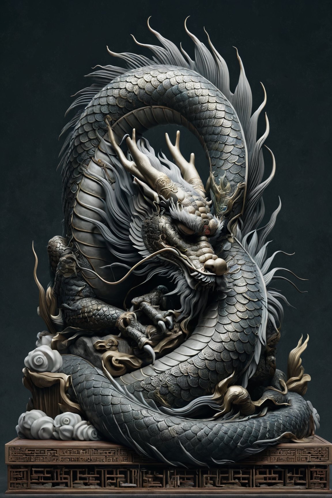 Chinese dragon in a sleeping posture, head bowed, dignified and introspective, subdued yet detailed, humble posture with profound symbolism, representing repentance and solemn introspection, embodying wisdom and humility, by FuturEvoLab, (Masterpiece, Best Quality, 8k:1.2), (Ultra-Detailed, Highres, Extremely Detailed, Absurdres, Incredibly Absurdres, Huge Filesize:1.1), textured scales, serene and thoughtful expression