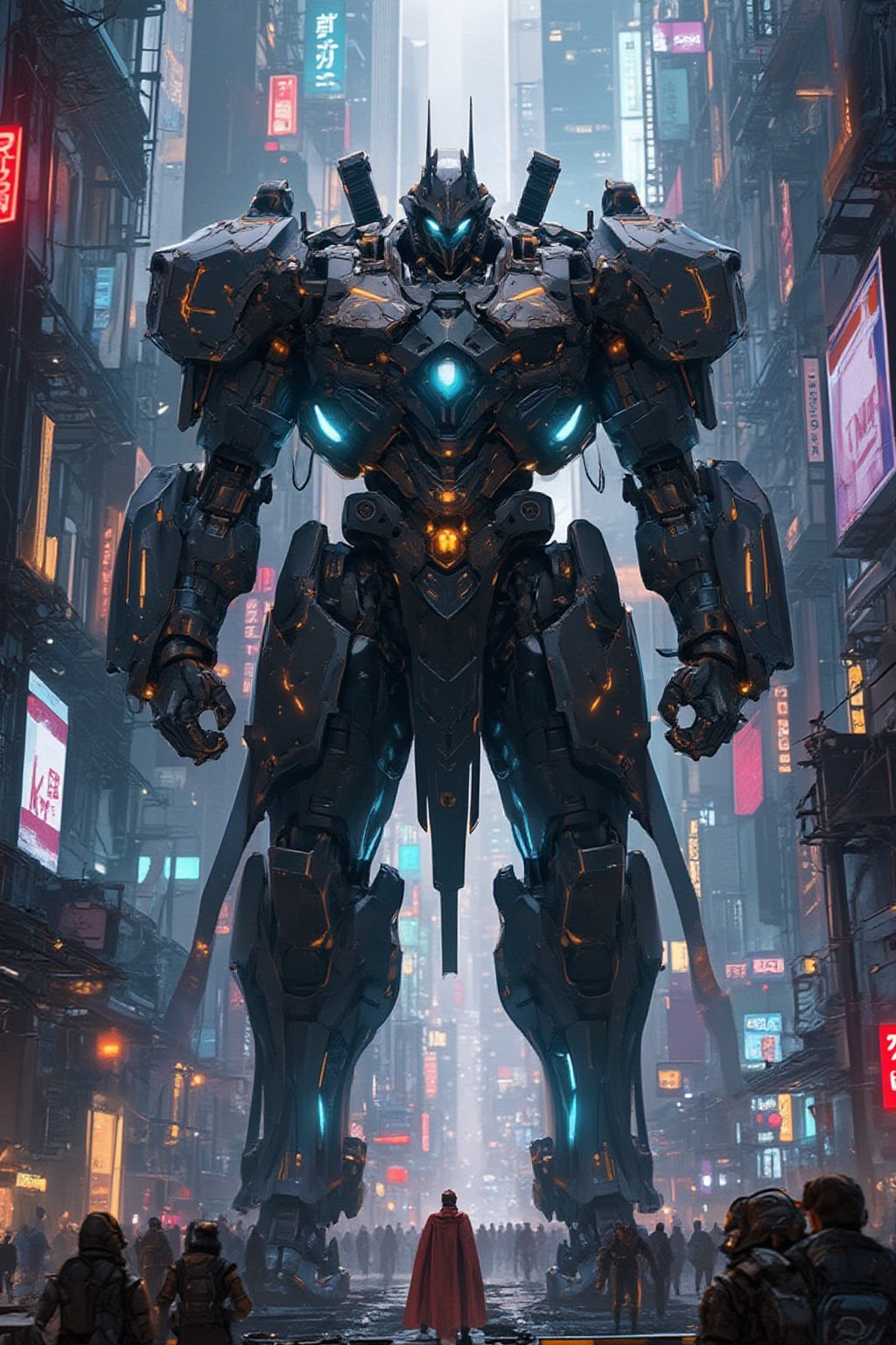 A futuristic cyberpunk warrior robot, massive in size, with a towering presence that dwarfs human figures. The cityscape behind it is a labyrinth of neon-lit skyscrapers and holographic advertisements, with humans scurrying about like ants in comparison. The robot's mechanical limbs and glowing blue optics seem to pierce through the smog-filled air as it stands victorious amidst the urban chaos.,FuturEvoLabNinja,FuturEvoLabMecha