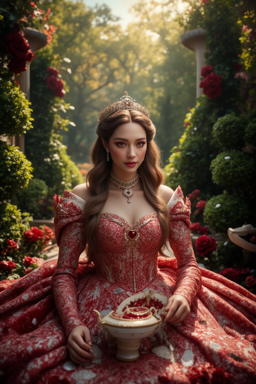 Best quality, masterpiece, ultra high res, (photorealistic:1.5), raw photo, 1girl, sexy look, Beautiful eyes,(masterpiece, best quality), score_9, score_8_up, score_7_up, masterpiece, best quality, absurdres, very aesthetic.A fantasy scene set in a lush, enchanted garden during a majestic royal tea time. The central figure is a stunning Red Heart Queen, exuding beauty and elegance. She is dressed in an elaborate, flowing gown adorned with intricate red heart patterns, with a regal crown perched on her head. Her long, wavy hair cascades down her chest, complementing her radiant, flawless skin. The garden around her is vibrant, with a rich green and red color theme, featuring blooming roses, towering hedges, and ornate topiaries. The tea table is lavishly set with fine china, ornate teapots, and a variety of delicacies, all in keeping with the red and green motif. The atmosphere is serene yet grand, with the warm glow of the sun filtering through the foliage, casting dappled light across the scene. The queen’s expression is calm and graceful as she delicately sips her tea, embodying both power and grace.,FuturEvoLabElegant