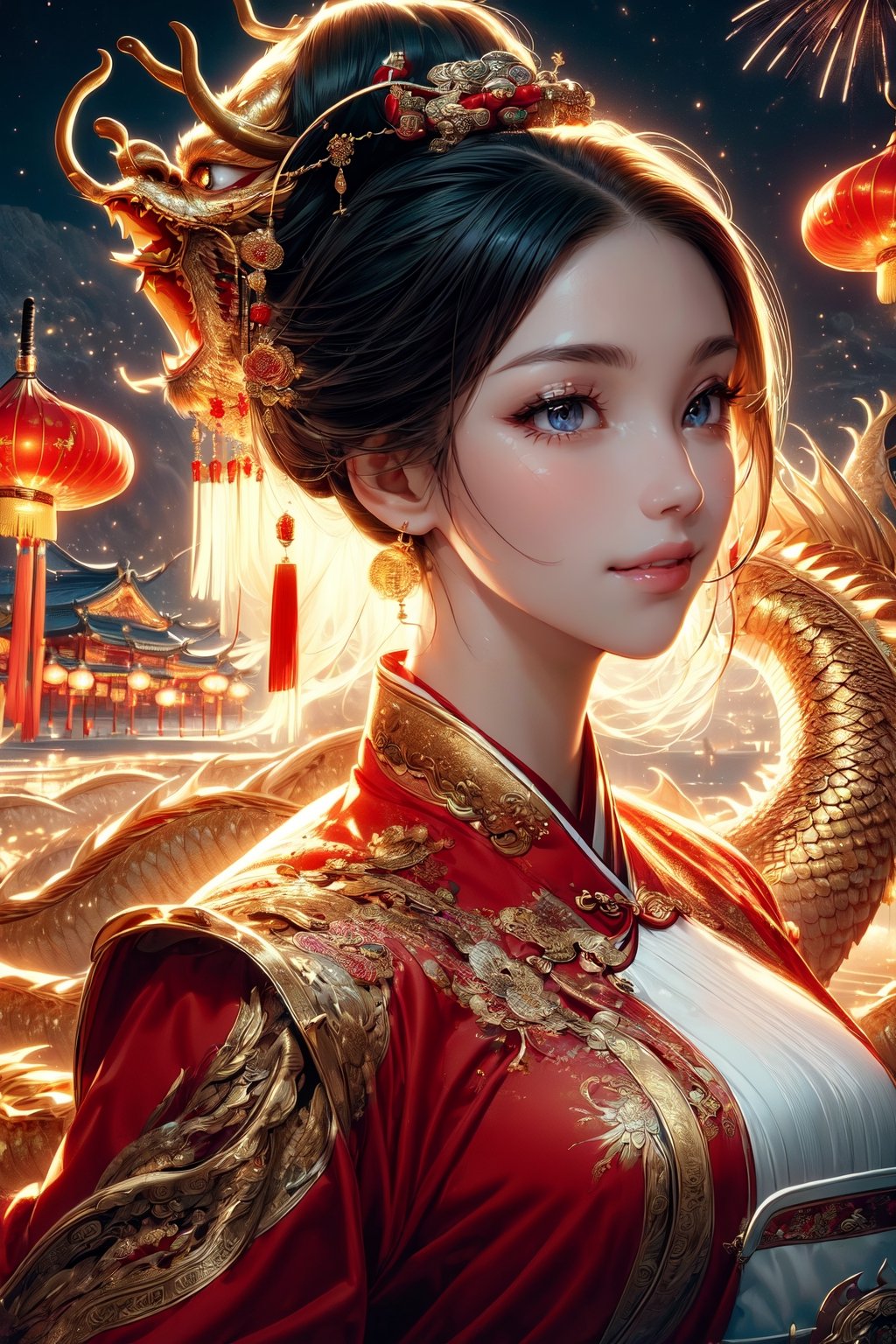 (masterpiece, high quality:1.5), Vibrant, detailed, high-resolution, artistic, majestic, magnificent, elaborate detail, awe-inspiring, splendid, celebratory, 
1 girl, China Tang Dynasty costumes, elegant, traditional, culturally rich, 
night sky, grand fireworks display, glowing red lanterns, cultural heritage, festive atmosphere, ancient cityscape, traditional architecture, 
(Giant golden dragon:1.2), flying dragon in the sky, large, majestic, overwhelming presence, by FuturEvoLab, historical, mythical, dynamic, visually striking, Exquisite face,1 girl,More Detail,Oiran,Exquisite face