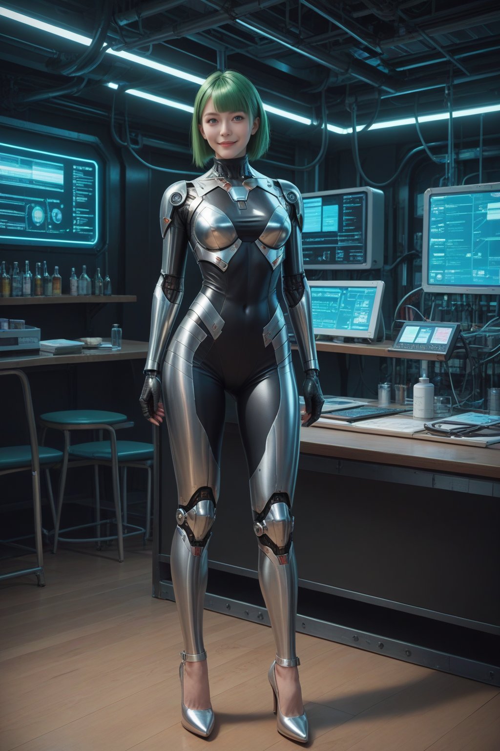 score_9, score_8_up, score_7_up, masterpiece, best quality,
BREAK
realistic,
cyberpunk girl, green hair, cybernetic eyes, neon body art, metallic armor, high heels,
mysterious lab background, AI mainframe, genetic modification chambers, liquid cooling systems, data servers, transparent displays