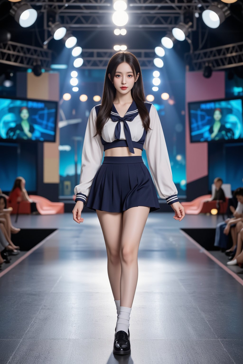 An 18-year-old girl, dressed in a traditional Japanese school sailor uniform with white socks and black schoolgirl loafers, walks confidently on a futuristic runway, lit by digital spotlights. Her eyes are focused straight ahead, filled with passion and drive to achieve stardom, and a soft smile graces her face, adding a touch of warmth and optimism. Around her, holographic visuals of AI technology shimmer, symbolizing the modern world where her talent will shine. Full-body, capturing her strong posture, the energy of her smile, the white socks, and black shoes, and the vibrant world of AI advancements.