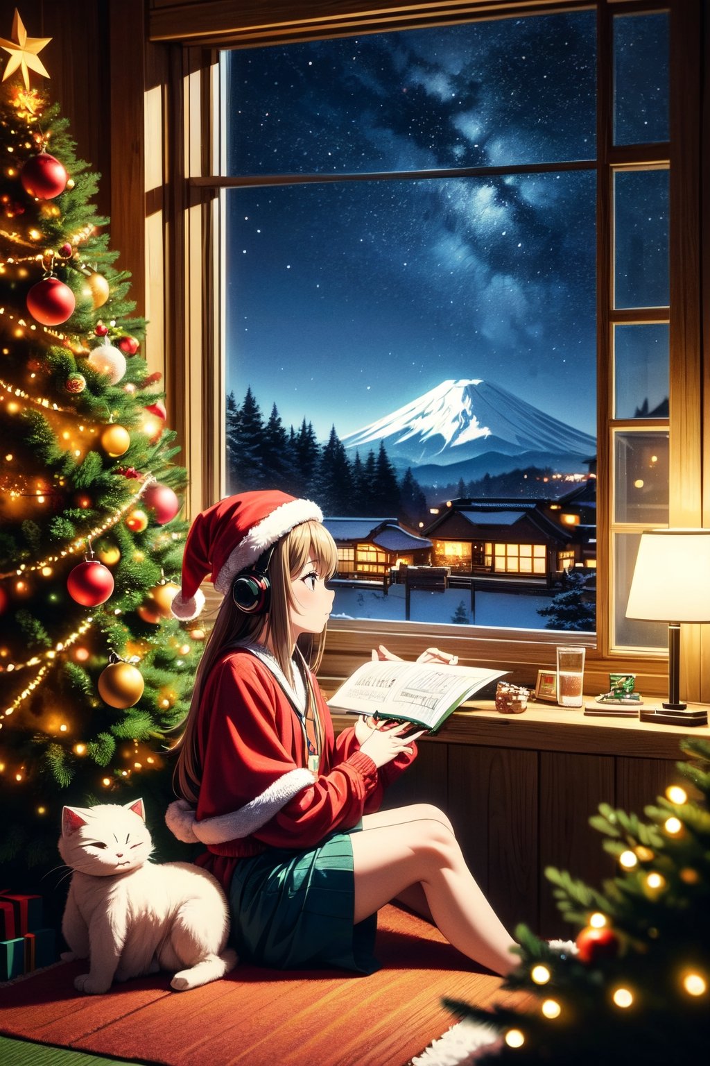 An illustration of a LOFI girl in a Christmas atmosphere, studying by a window in the early morning, in a style that can be either semi-realistic or anime. She is shown in profile, looking down at her homework with her right hand writing. She's wearing headphones and a Christmas hat, immersed in her music. Beside her is a Japanese Maneki-neko (lucky cat) with its left paw raised. The room has a cozy, festive ambiance. Outside the window, there's a view of Mount Fuji, a cluster of small houses, and numerous Christmas trees, capturing the essence of a Christmas morning. The image is ideal for a LOFI music background, ,Lofi style