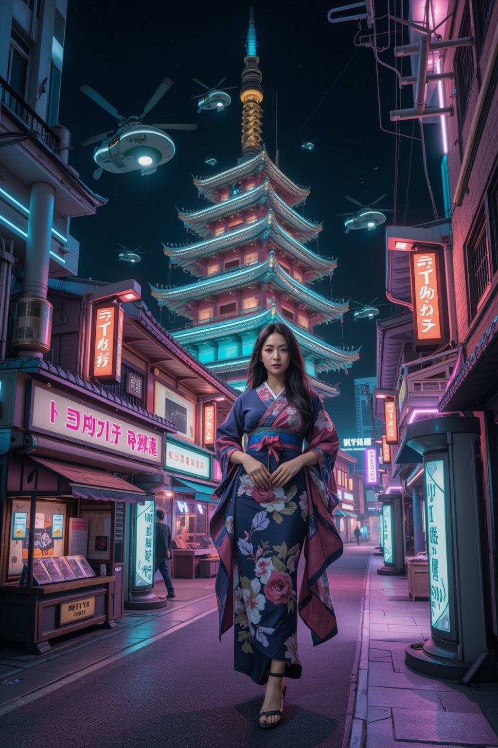 A stunning Japanese beauty stands out on the futuristic Kyoto streets at night, her traditional kimono vibrant against sleek, high-tech architecture with shimmering digital panels and holographic displays. Confidently posing with hands tucked into her sleeves, her long hair flows gently in the cool, neon-lit night air. Above her, futuristic temples glow with bright, neon lights, their structures enhanced with AI technology, blending tradition with a cyberpunk aesthetic. The night sky is filled with futuristic flying vehicles, their lights reflecting off the temple rooftops and casting vibrant, moving patterns onto the street below. Street vendors' stalls feature interactive digital elements, bursting with neon colors that perfectly match the bustling, futuristic vibe of the city. Her elegant figure is framed by this dynamic, technologically advanced, neon-infused cityscape, under the watchful presence of hovering aircraft.
