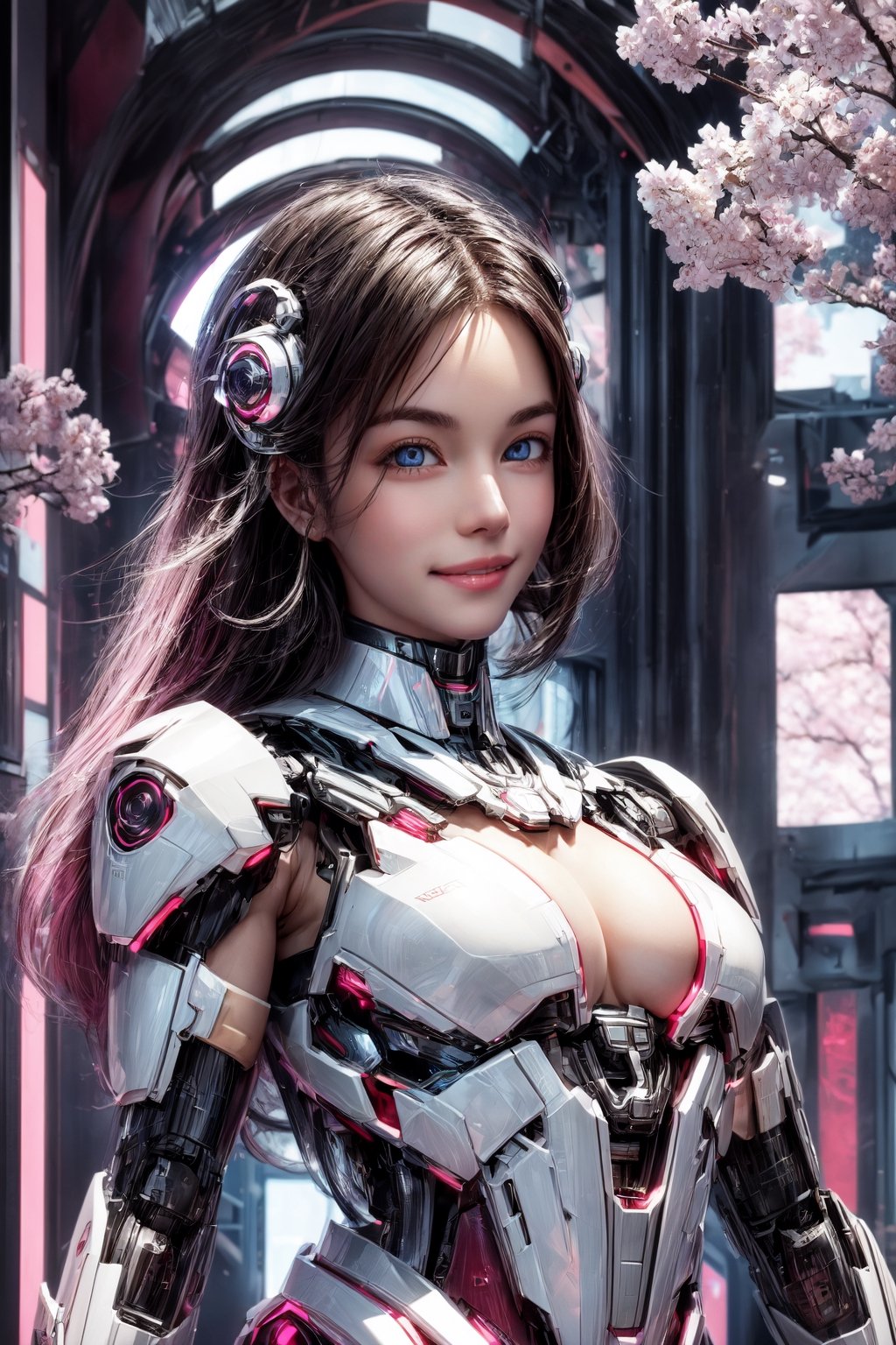 Masterpiece, High quality, 64K, Unity 64K Wallpaper, HDR, Best Quality, RAW, Super Fine Photography, Super High Resolution, Super Detailed, 
Beautiful and Aesthetic, Stunningly beautiful, Perfect proportions, 
1girl, Solo, White skin, Detailed skin, Realistic skin details, 
Futuristic Mecha, Arms Mecha, Dynamic pose, Battle stance, Swaying hair, by FuturEvoLab, 
Dark City Night, Cyberpunk city, Cyberpunk architecture, Future architecture, Fine architecture, Accurate architectural structure, Detailed complex busy background, Gorgeous, Cherry blossoms,
Sharp focus, Perfect facial features, Pure and pretty, Perfect eyes, Lively eyes, Elegant face, Delicate face, Exquisite face, Pink Mecha, ,Exquisite face