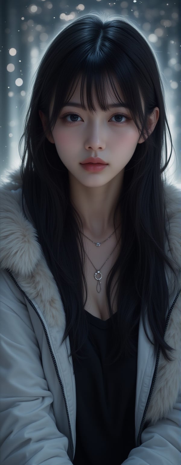 1girl, solo, long hair, looking at viewer, very badass girl, bangs, blue eyes, black hair, jewelry, jacket, upper body, sidelocks, earrings, parted lips, fur trim, black shirt, sunglasses, white jacket, zipper, looking over eyewear, ((masterpiece: 1.2)), light particles, stunning image, attractive image, digital art, professional style, 