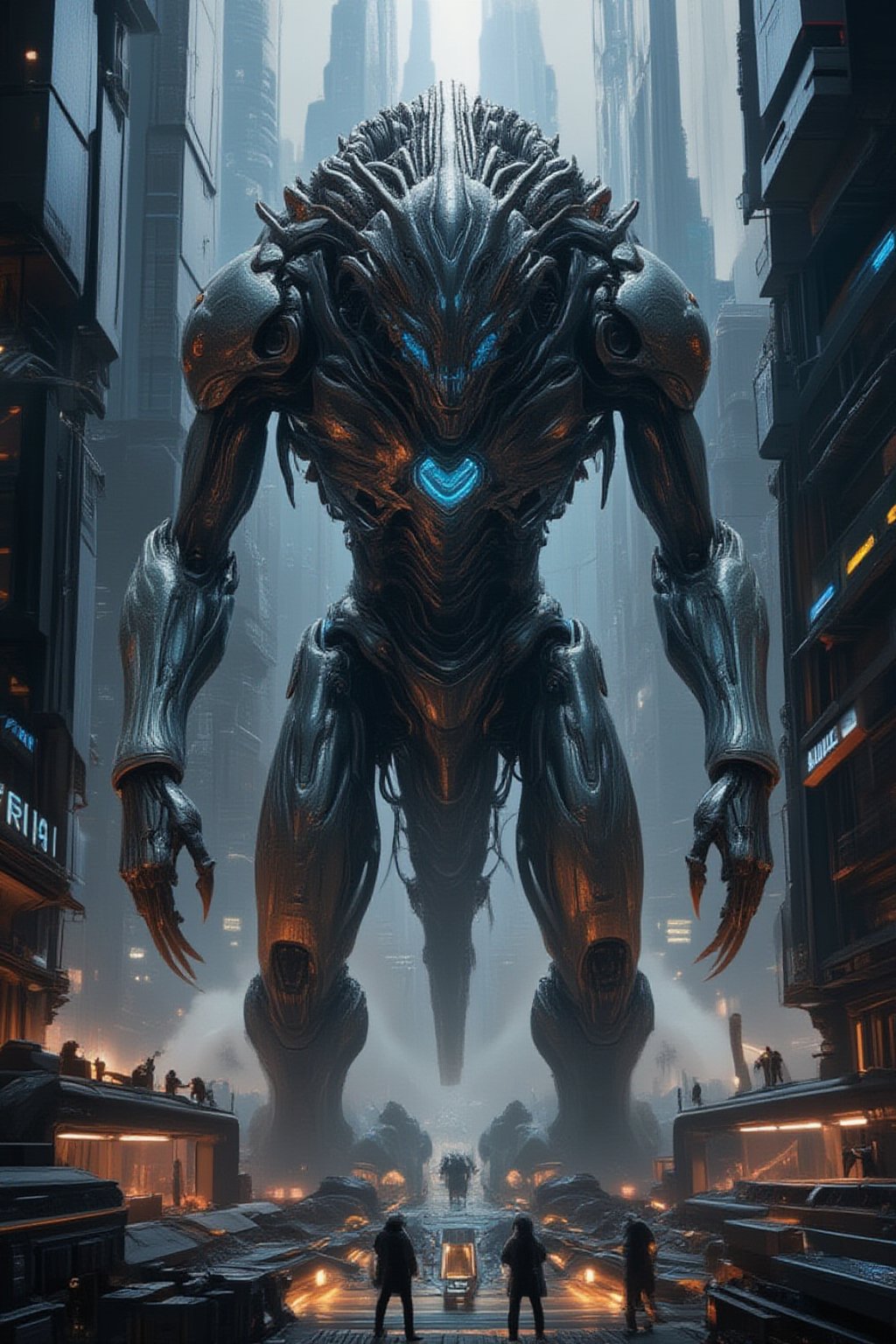 A colossal alien creature rampaging through a futuristic metropolis, its body covered in thick, scaly armor with glowing blue veins running across its skin. The alien has multiple limbs, some with sharp claws and others emitting strange energy. The futuristic city is made of sleek glass and metal skyscrapers, with flying cars and neon billboards, now being destroyed by the massive creature. The city is engulfed in smoke, fire, and chaos as the alien moves through it,FuturEvoLabGiant,FuturEvoLabMecha,FuturEvoLabArmor