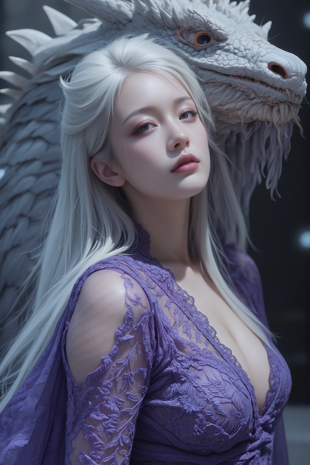 Extreme full body portrait of a woman, piercing eye, wisps of white hair visible, looking at viewer, reflecting the intricate purple lace of her gown and the shimmering scales of a white dragon,Spider spirit Fourth sister