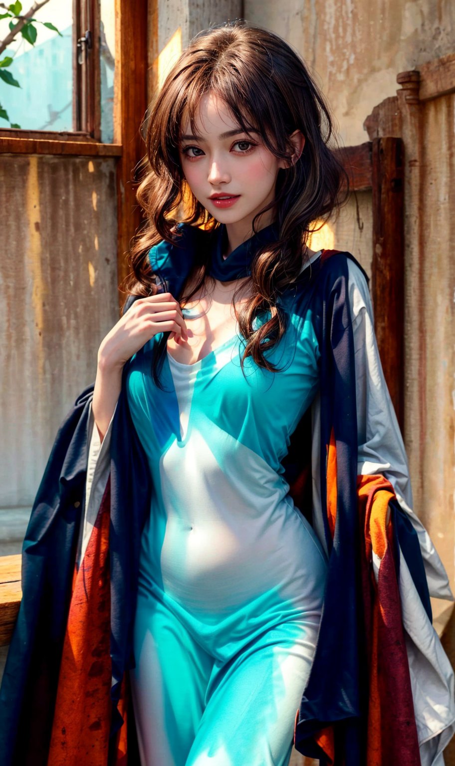 1 girl, narrow waist, middle breasts, plump,parted lips, colorful hair highlights, curly hair, brown hair, wearing sorceress outfit, scratch posture, sunlight, sunshine on body, sunset, golden hour, indoors, warm color, warm light, pale skin, real skin, super white skin, (white skin:1.2), (best quality, highres, photorealistic, raw, 8k,masterpiece, ),best quality, masterpiec8K.HDR. highresabsurdres:1.2, film grain, blurrybokeh:1.2, lens flare, (vibrant color:1.2), (delicate), dark studio, lips are parted, show upper teeth (white, big teeth), not smiling, witch, wearing black robe