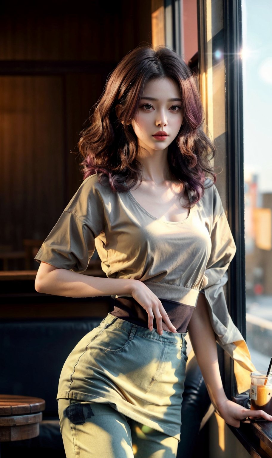 1 girl, narrow waist, middle breasts, plump,parted lips, hair highlights, curly hair, balayage brown and bright purple hair, wearing a Y2K outfit, scratch posture, sunlight, sunshine on body, sunset, golden hour, indoors, warm color, warm light, pale skin, real skin, super white skin, (white skin:1.2), (best quality, highres, photorealistic, raw, 8k,masterpiece, ),best quality, masterpiec8K.HDR. highresabsurdres:1.2, film grain, blurrybokeh:1.2, lens flare, (vibrant color:1.2), (delicate), dark studio, instagramer, cute girl, drinking, inside a cafe rooftop (holding a cold coffee on right hand), lips are parted, coffee shop, trousers