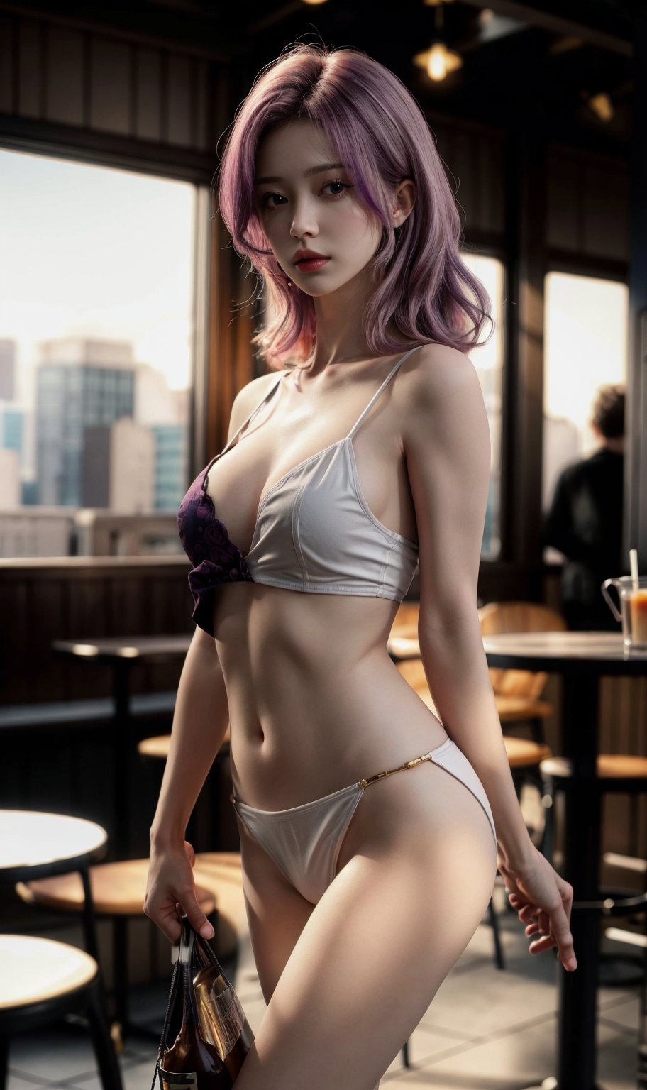 1 girl, narrow waist, middle breasts, plump,parted lips, hair highlights, curly hair, balayage brown and bright purple hair, wearing a Y2K outfit, scratch posture, sunlight, sunshine on body, sunset, golden hour, indoors, warm color, warm light, pale skin, real skin, super white skin, (white skin:1.2), (best quality, highres, photorealistic, raw, 8k,masterpiece, ),best quality, masterpiec8K.HDR. highresabsurdres:1.2, film grain, blurrybokeh:1.2, lens flare, (vibrant color:1.2), (delicate), dark studio, instagramer, cute girl, drinking, inside a cafe rooftop (holding a cold coffee on right hand), lips are parted