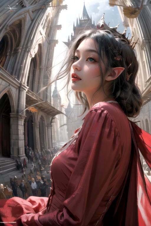 DreamShaper8_prunedmasterpiece, best quality, (close-up, low angle, fish eye camera:1.3), ((oil painting style)), An oil painting, from the Renaissance era of Asian girl, wearing a floating red dress, elf ears, green eyes, posing, majestic, crown, space_hair, fallen, (victorian buildings background), upper body, (closed mouth:1.2), looking at viewer, dynamic pose, cute expression, gray theme, cloud ,mikudef, BREAK golden hour, castle background,Wlop,face