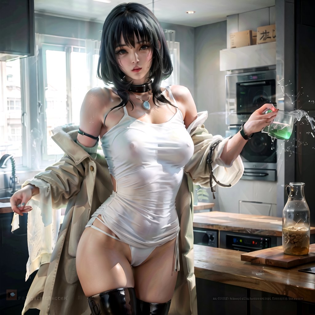 highres,(best quality),incredibly detailed,kitchen,1girl,anime,looking at viewer,(highly detailed face),long black hair,standing holding a glass of water ,white wet  see-through shirt,no pants,medium breasts,perky breasts,covered nipples, standing in kitchen,WHAT YOU LOVE.
REGISTER
Appearance
Fubuki is a young woman with a curvy figure, chin-length, dark green hair with a fringe styled into a bob, and her eyes are light green. Her main attire consists of a long white fur coat, a dark green form-fitting V-neck dress with a high collar, thigh-high black boots and several white pearl necklaces (two in anime). Occasionally, she does wear other outfits