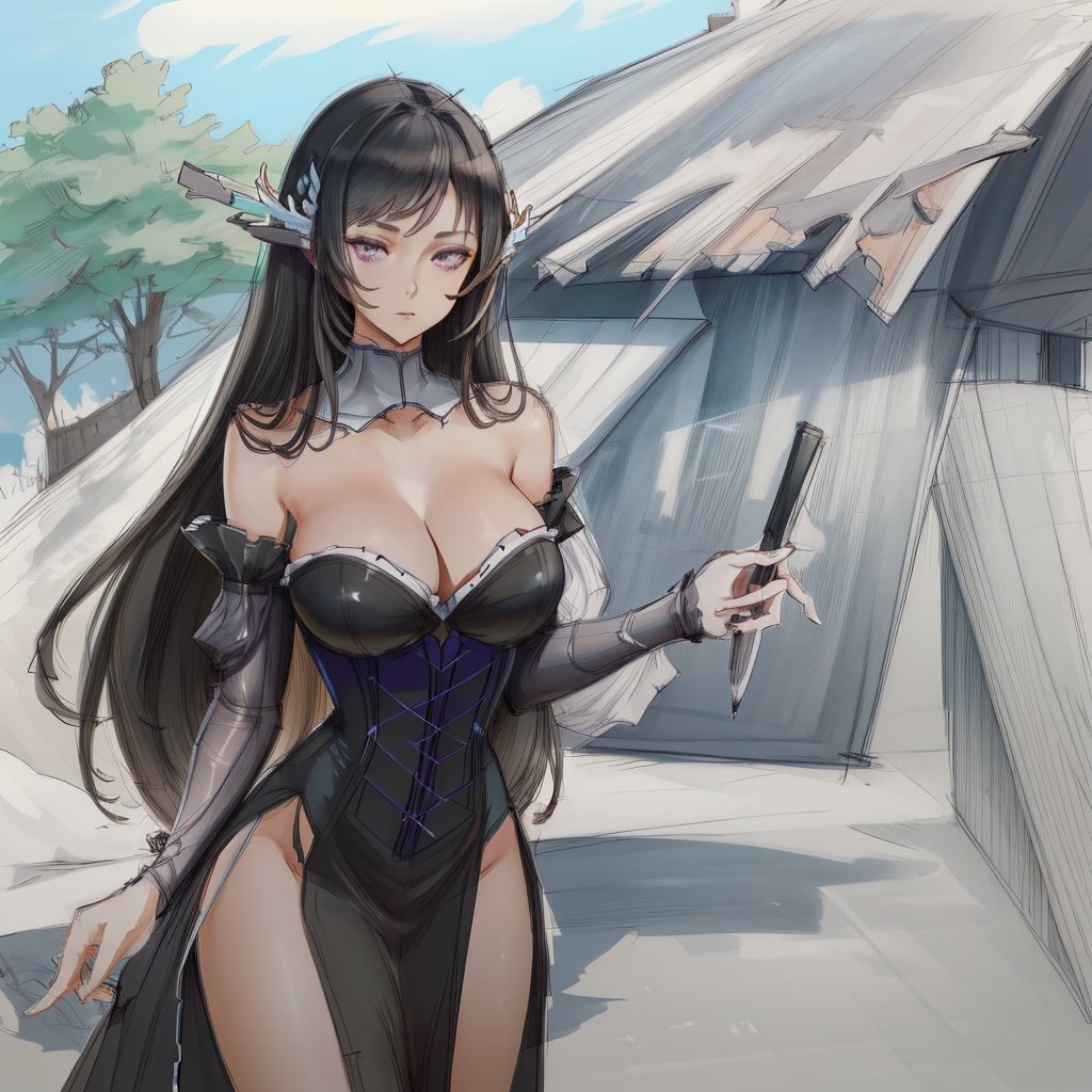 masterpiece, best quality, highres, titania1, 1girl, purple eyes, solo, cleavage, very long hair, large breasts, black hair, bare shoulders, detached sleeves, strapless dress, black dress, long dress, corset, , cowboy shot, forest, , titania,(best quality:1.2),(masterpiece, intricate details),master designer,pencil speed drawing works,((user manual, sketch:1.5)),Parts Description,(detailed explanation and description, text, production drawing),documentation,Design Process,high-tech,super factory design product,monochrome,(female  design sketch),araneesama style