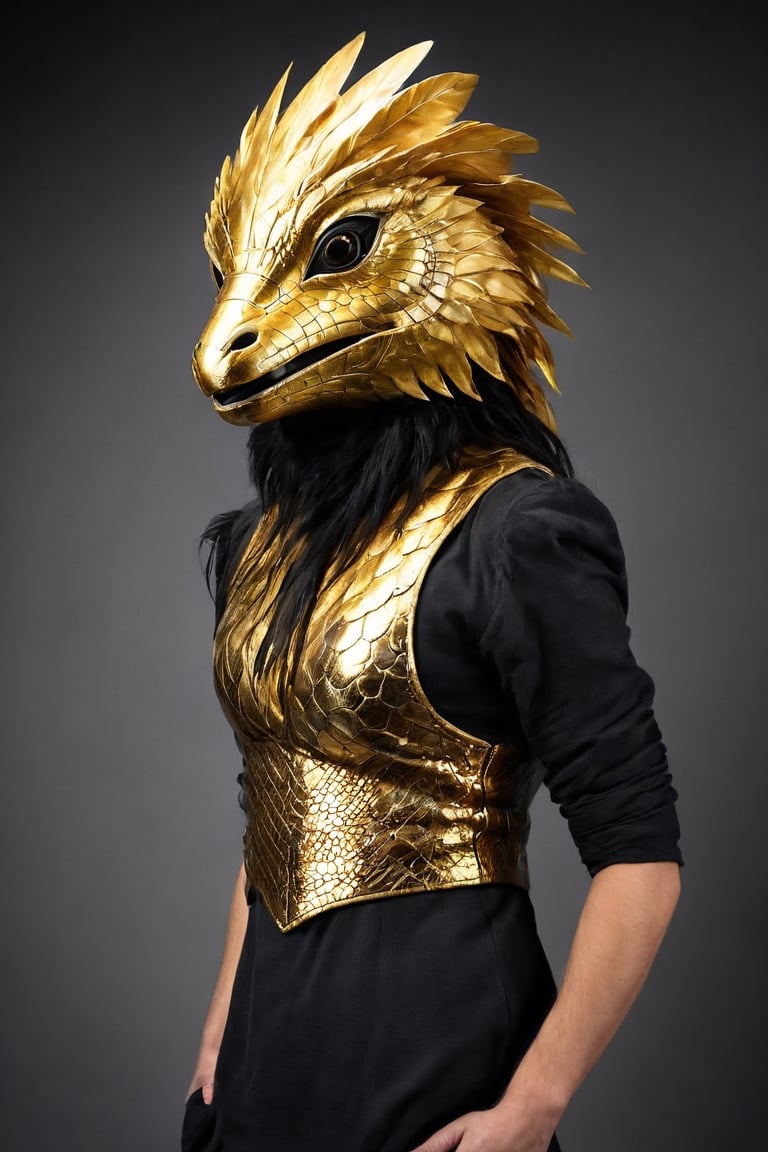  mask, a person standing in a gold reptile mask 18th century,ral-bling,alien