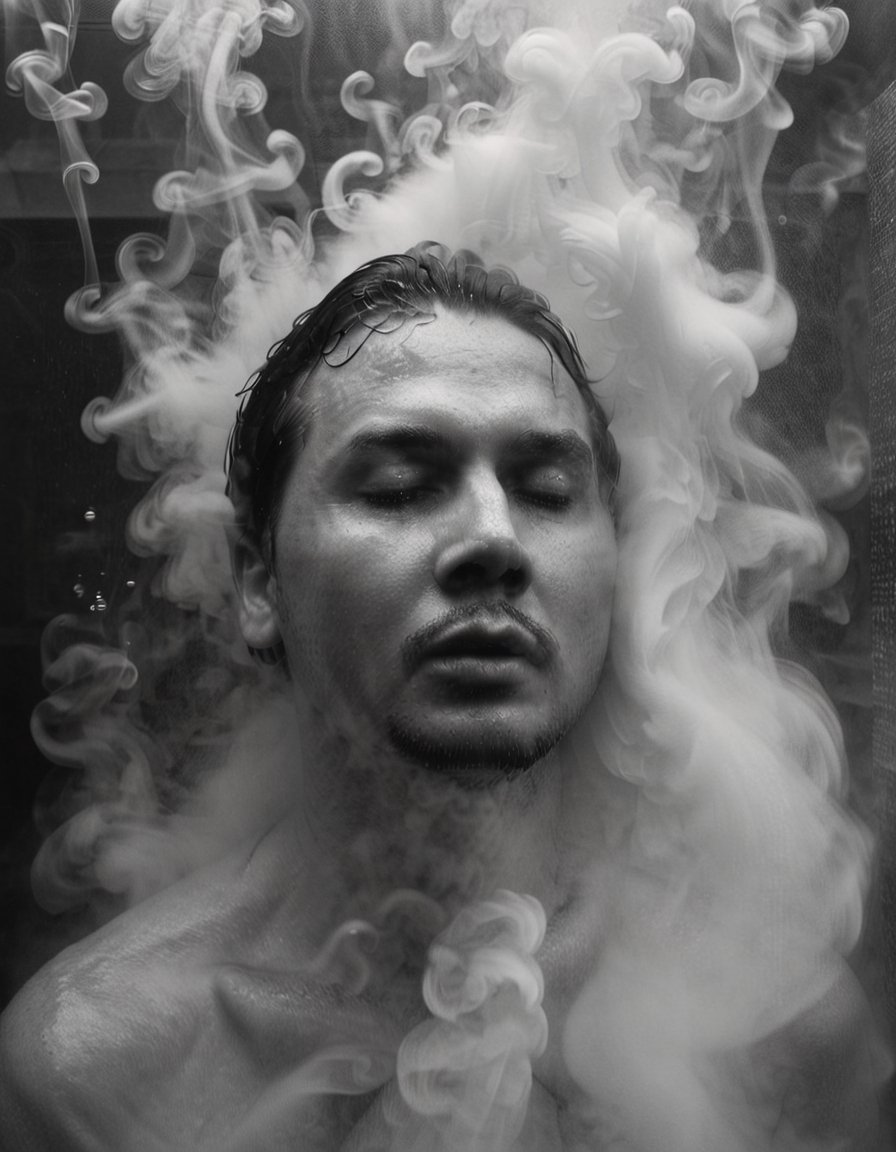 smoke on the water, a man's face is shown through a foggy glass window, hot shower steam, Fiona Stephenson, swirling mist, a black and white photo, art photography
,cip4rf,man
