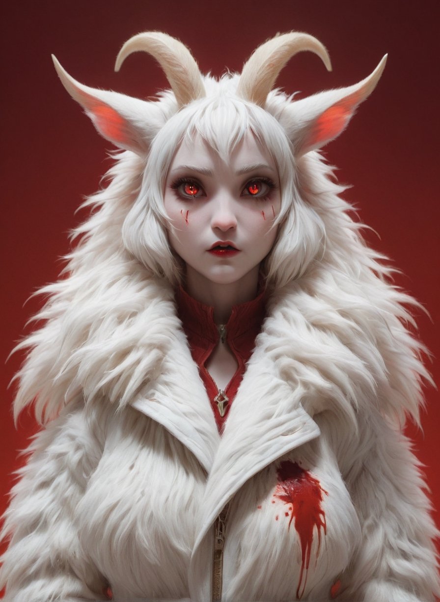 goat or lamb face with womans body, horn,red background, animal nose, white hair,(close-up:1.1), girl ( standing:1.2), cleavage, white hairy jacket, (looking at viewer:1.3), (slim body type:1.2), BREAK  dark theme, pastel lights, , dark art, blood, violent , hurt, mood, bleeding
,Furry,Movie Still