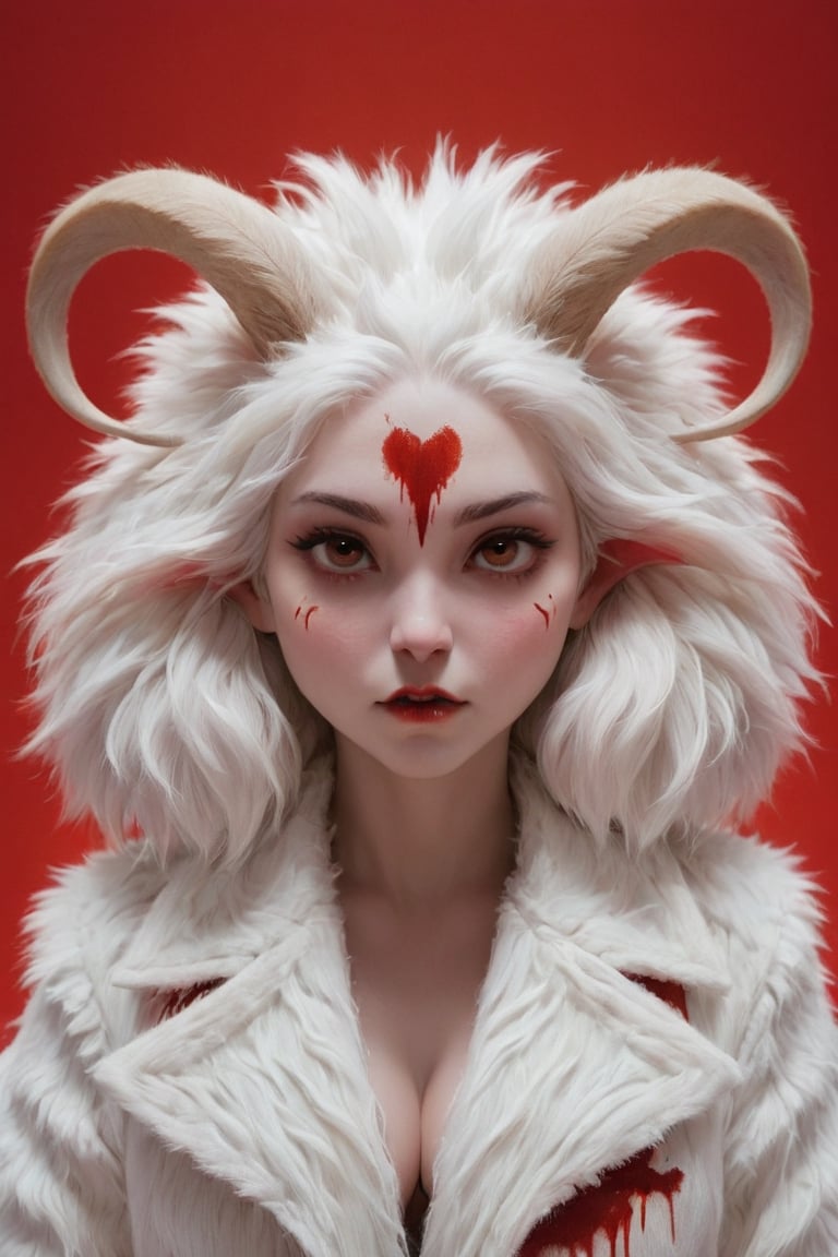 goat or lamb face with womans body, hybrid, horn,red background, animal nose, white hair,(close-up:1.1), girl ( standing:1.2), cleavage, white hairy jacket, (looking at viewer:1.3), (slim body type:1.2), BREAK  dark theme, pastel lights, , dark art, blood, violent , hurt, mood, bleeding
,Furry,Movie Still