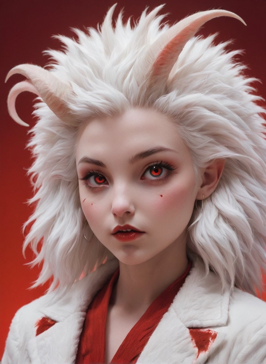 goat or lamb face with womans body, hybrid, horn,red background, animal nose, white hair,(close-up:1.1), girl ( standing:1.2), cleavage, white hairy jacket, (looking at viewer:1.3), (slim body type:1.2), BREAK  dark theme, pastel lights, , dark art, blood, violent , hurt, mood, bleeding
,Furry,Movie Still