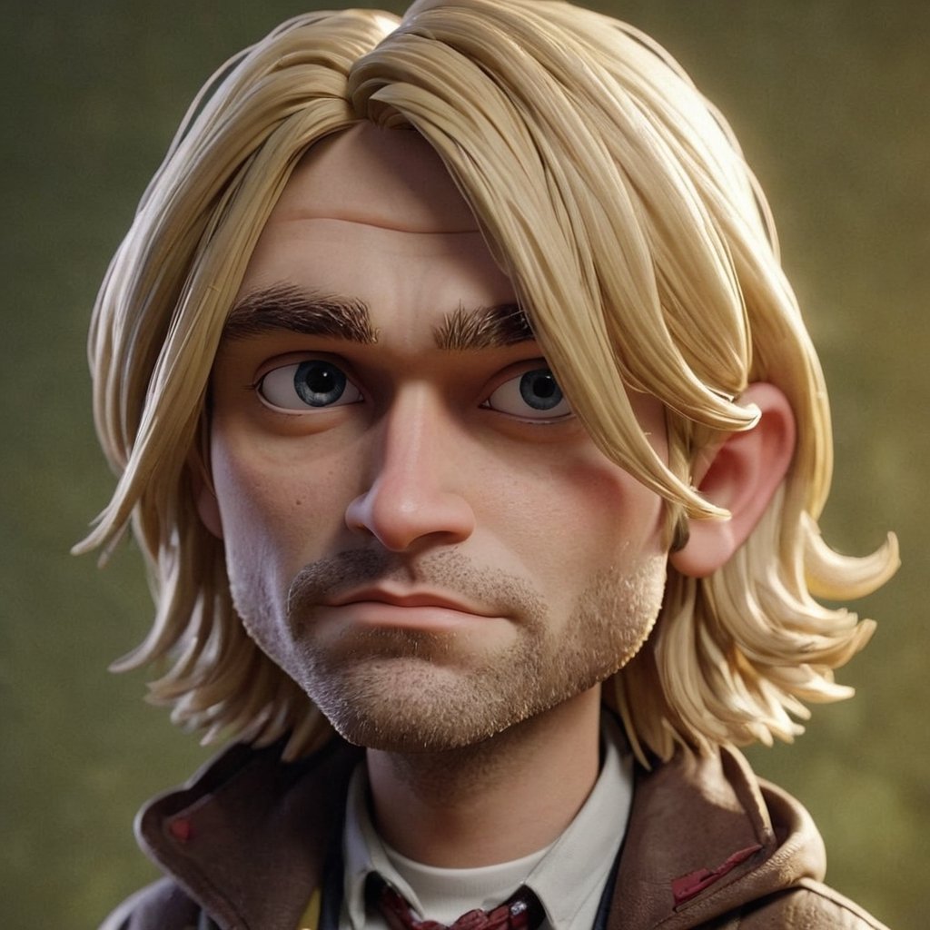 3D cinematic film.(Kurt Cobain:1.6) 27yo (caricature:0.2).  bokeh, professional, 4k, highly detailed    
