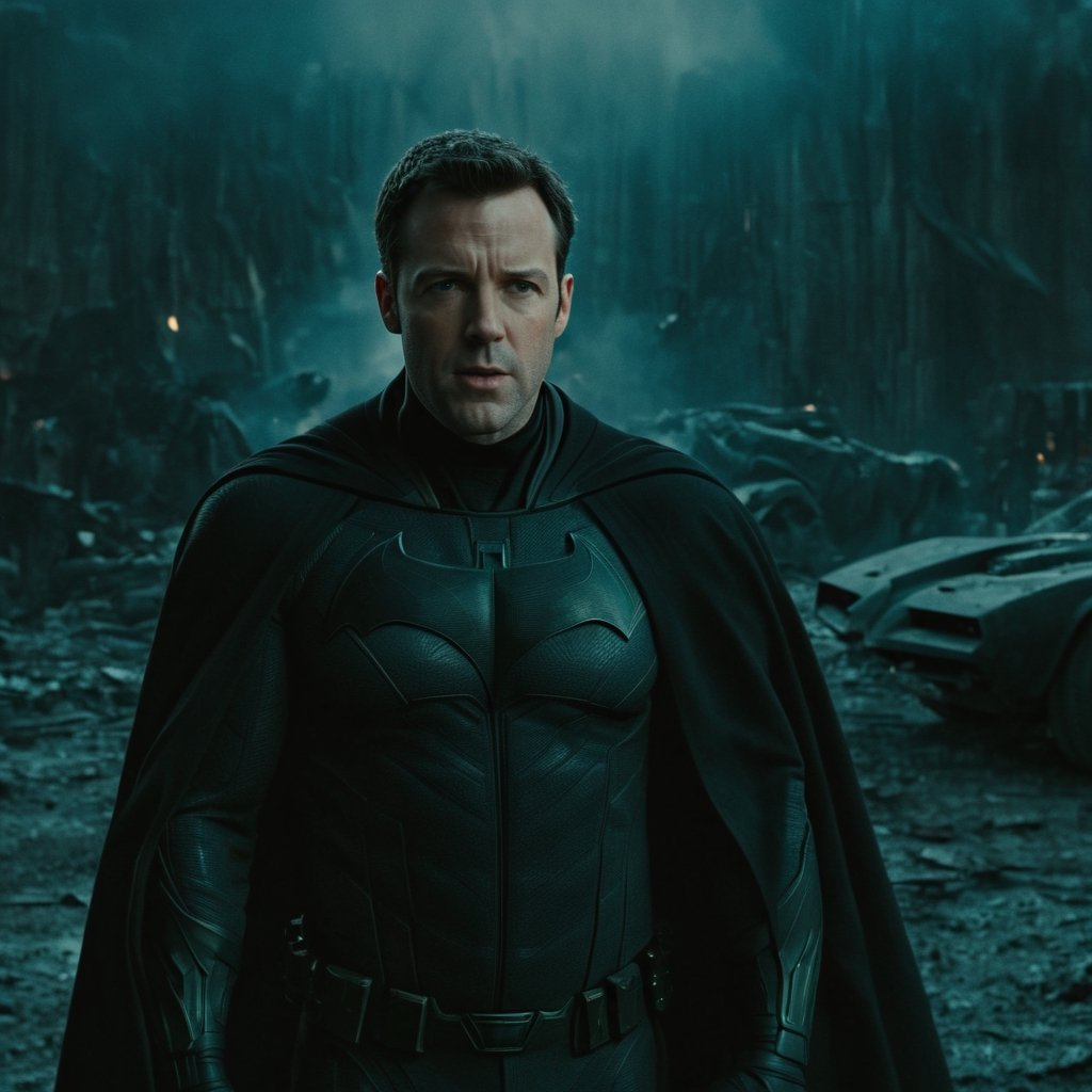 Medium Long Shot, looking_at_ viewer, Ben Affleck as bruce wayne wearing a black coat, bulky, bat cave in the background, (8k, RAW photo, best quality, depth of field, (absurdres, intricate, photorealistic, masterpiece,),Movie Still,detailmaster2,Explosion Artstyle