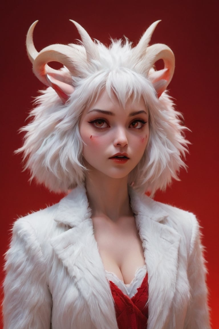 goat or lamb face with womans body, hybrid, horn,red background, animal nose, white hair,(close-up:1.1), girl ( standing:1.2), cleavage, white hairy jacket, (looking at viewer:1.3), (slim body type:1.2), BREAK  dark theme, pastel lights, , dark art, blood, violent , hurt, mood, bleeding
,Furry,Movie Still