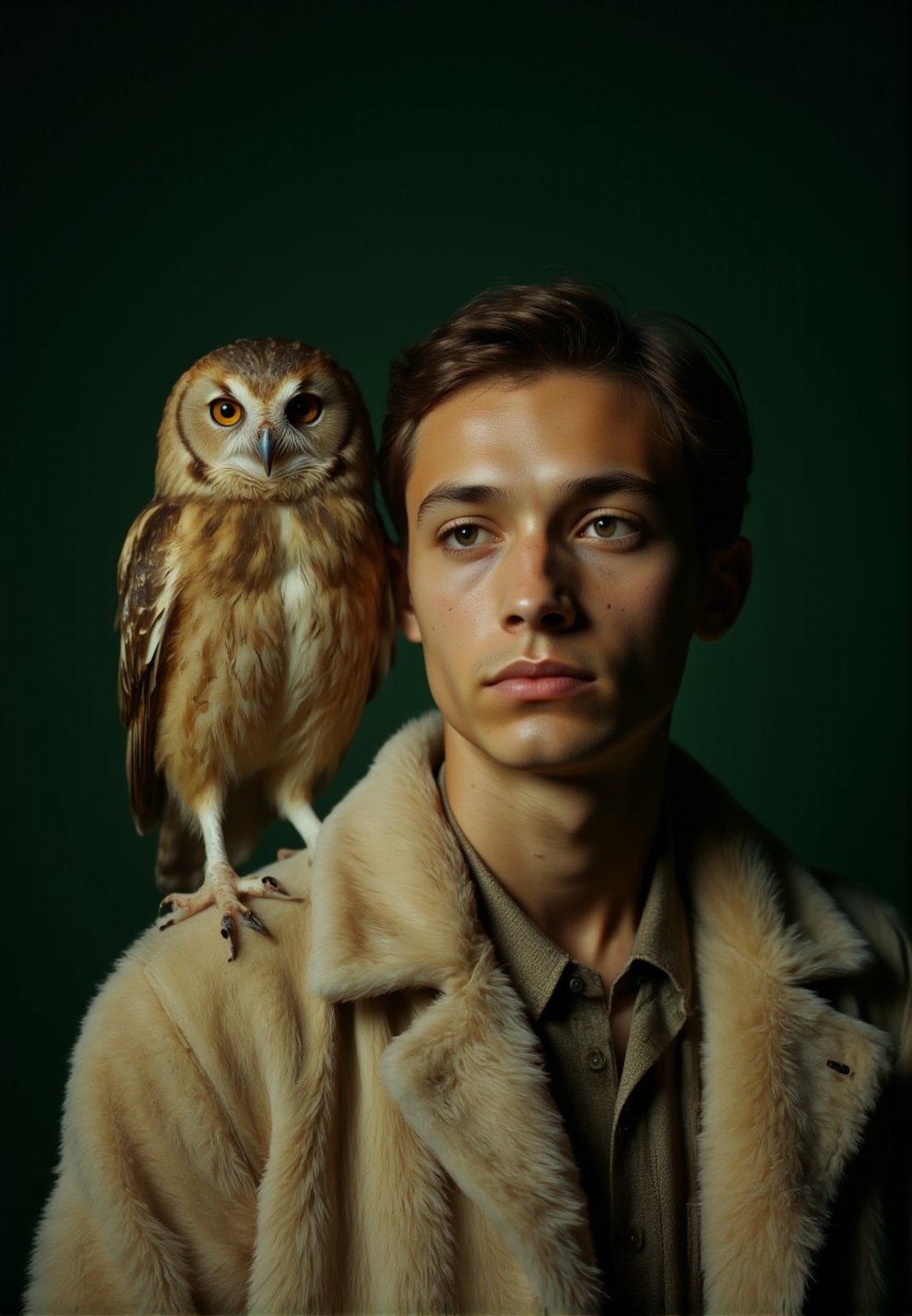 n30nfilm, Realistic analog photo, awesome, high Quality, photorealistic, atmospheric lighting, volumetric lighting, cinematic, Epic Film Quality,
BREAK
portrait of a owl standing on the shoulder of a young, cunning man dressed in beige fur. hogward. Albino guy,This photo is in the editorial style of studio photography, hyper-realistic in nature, on a dark green background. Skin texture. Shot on a Canon EOS R5.
Fantasy mood but realistic, in the style of Mario Giacomelli,cip4rf,DarkAtmosCE style,Hollywood Cinematic Film style,epic photography,dramatic light,Kodak film style