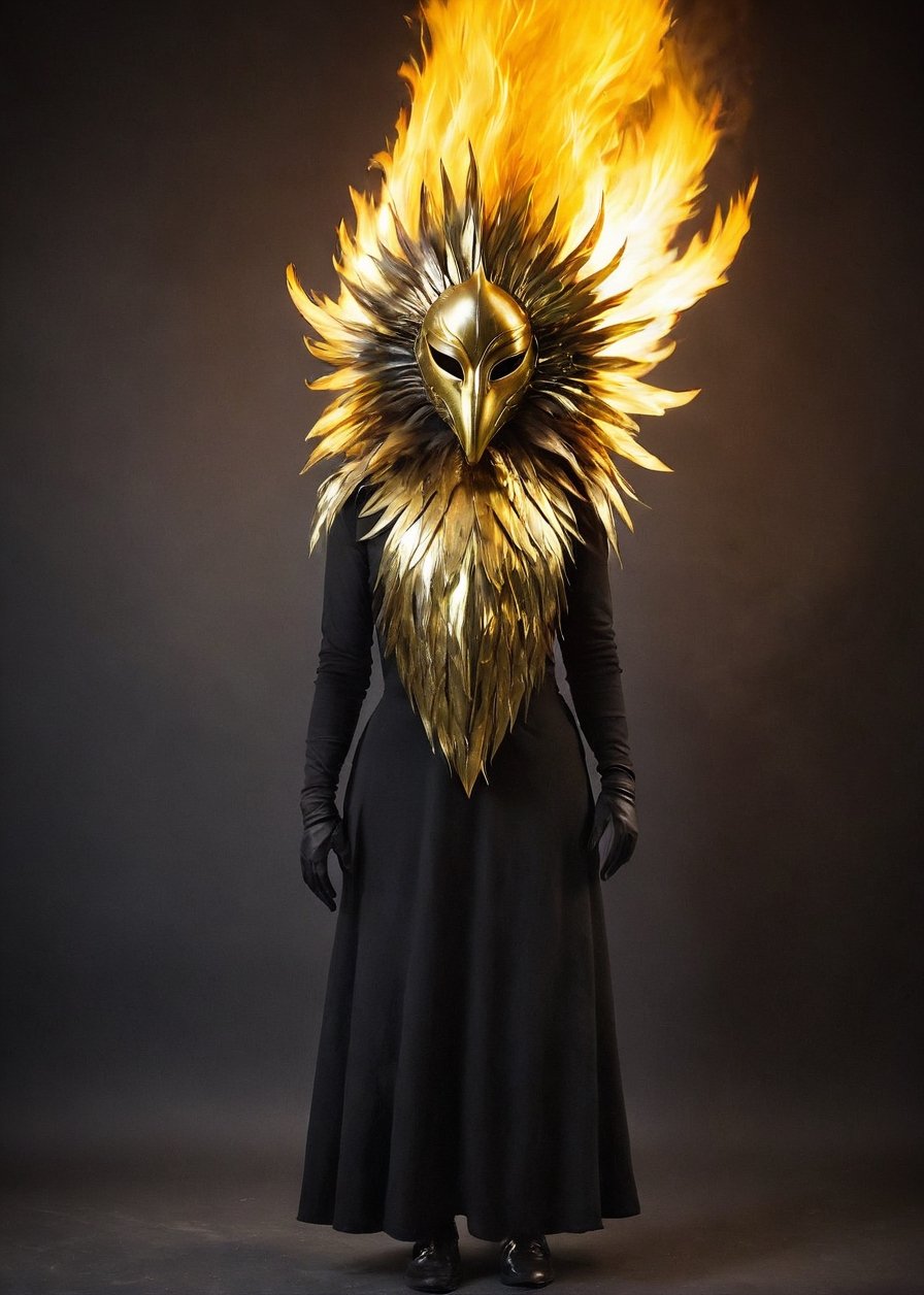  mask, a person standing in a gold fire mask 18th century,ral-bling,alien