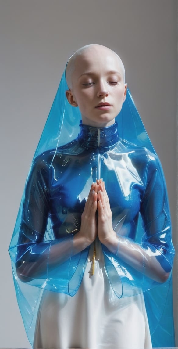 A woman wearing a blue transparent jelly cloak is depicted with her eyes closed, bald head, albino, albinisme, painted white full face, white color skin tone, as if she's praying or sleeping. She has a yellow transparent jelly headscarf wrapped around her head and neck, which appears to be made of plastic. The woman is standing in front of a white background, creating a simple yet striking image.Neon,3d style,Glass Elements,make_3d,xray,(Transperent Parts),transparent,neon photography style