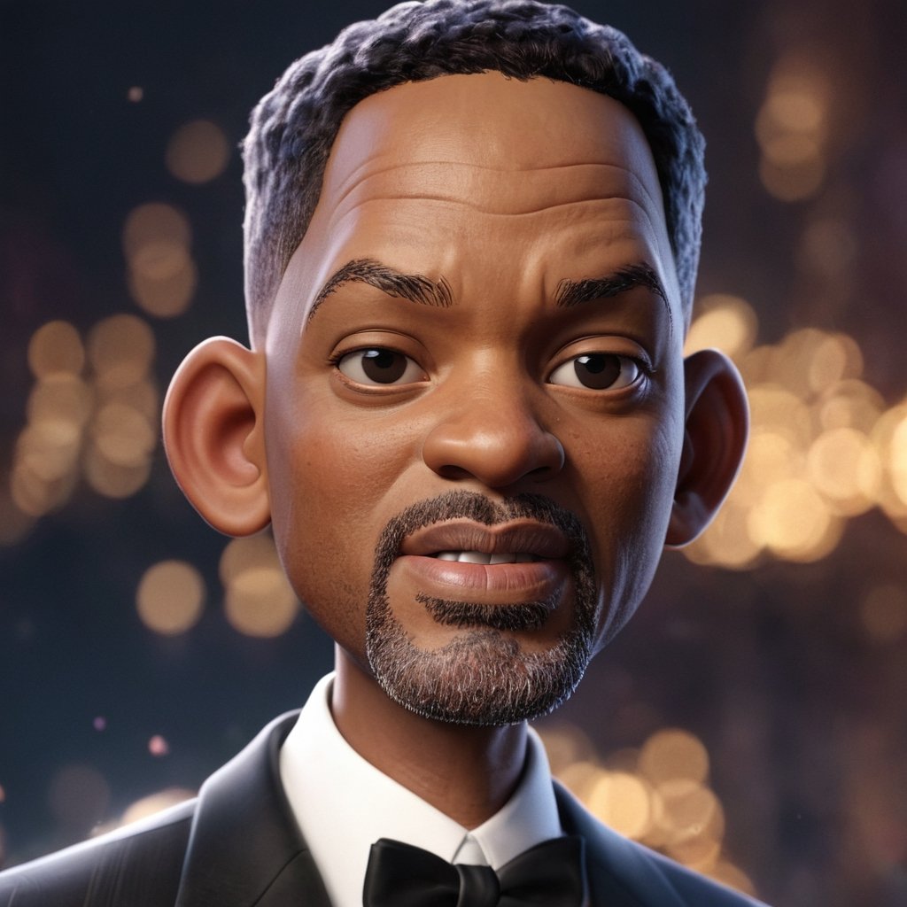 3D cinematic film.(will smith:1.6) 55yo (caricature:0.2).  bokeh, professional, 4k, highly detailed     skin imperfections. oscar awards night
